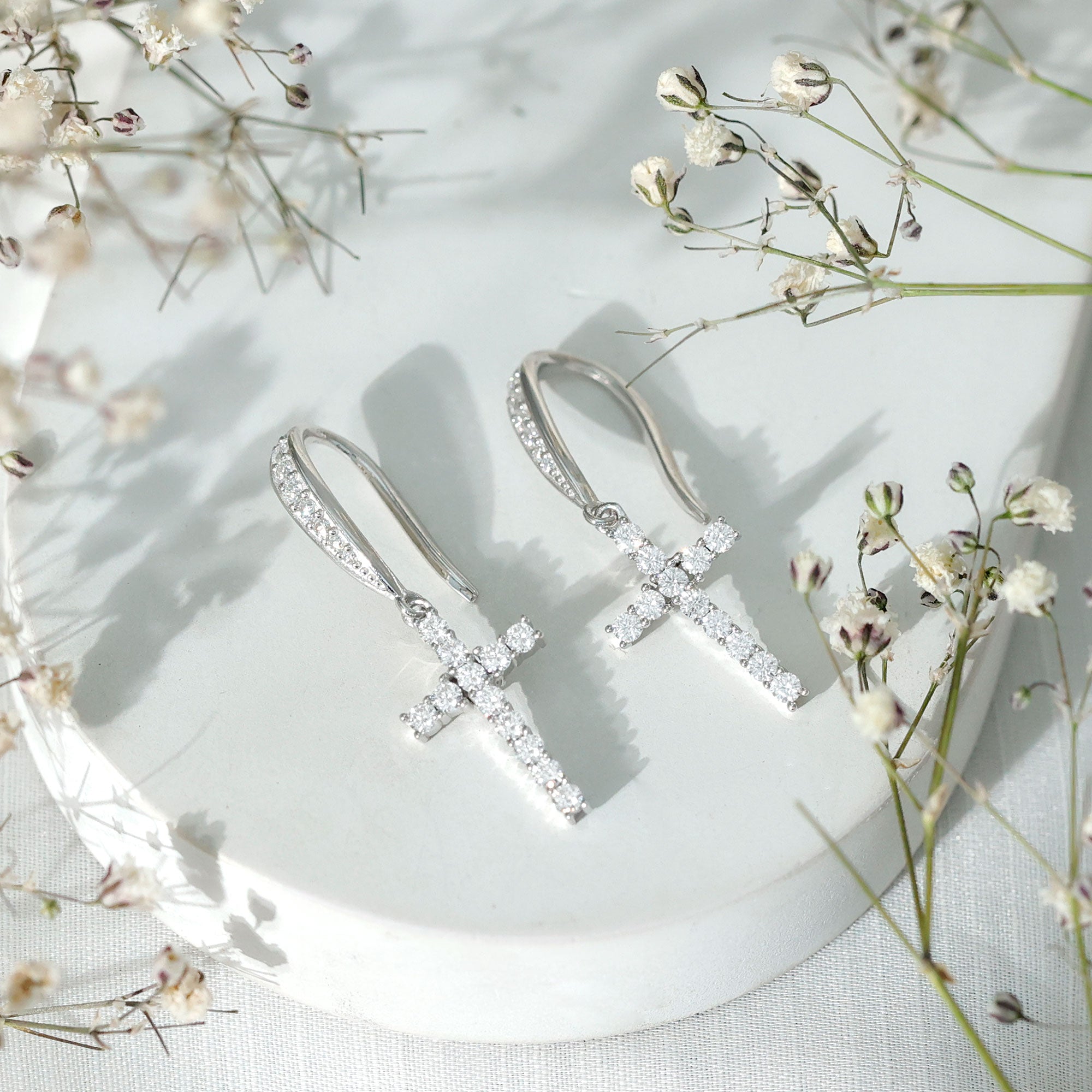 Certified Moissanite Cross Drop Earrings in Gold Plated Silver