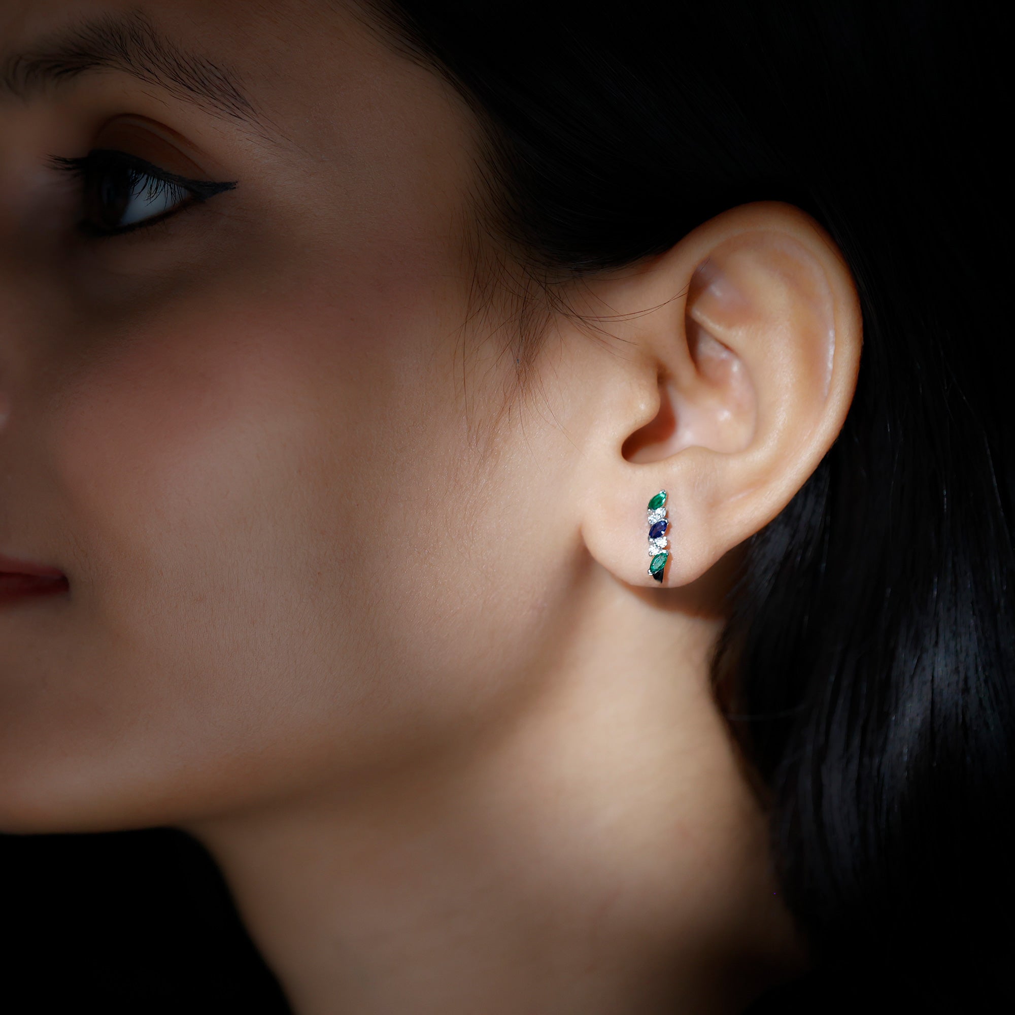 Certified Multi Gemstone J Hoop Earrings with Screw Backs