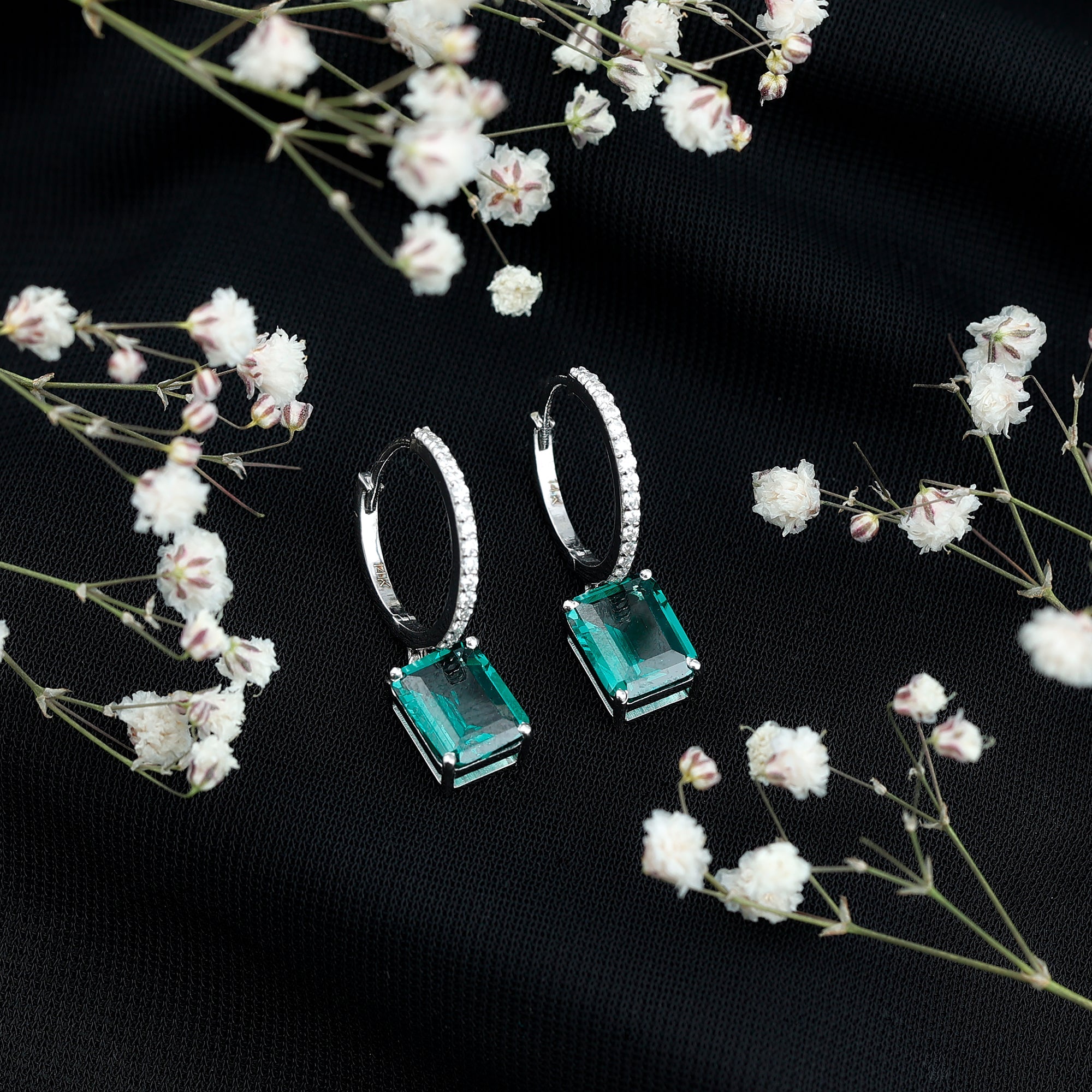 Certified Lab Created Emerald Hoop Drop Earrings in Silver