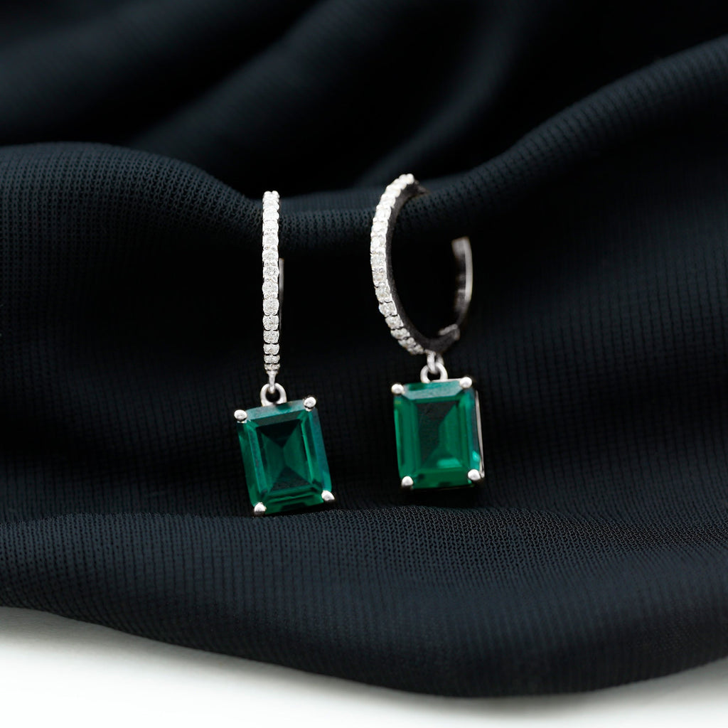 Certified Lab Created Emerald Hoop Drop Earrings in Silver