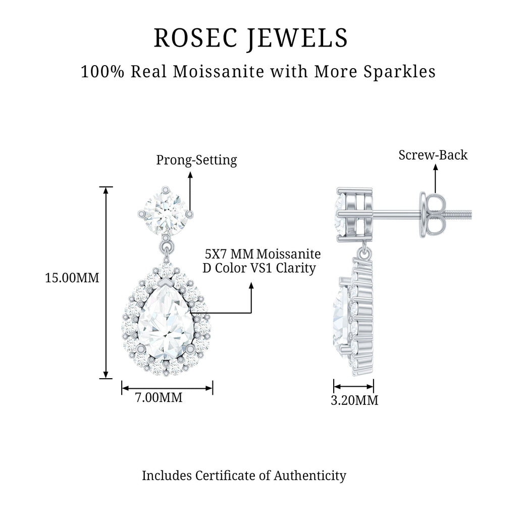 2.50 CT Moissanite Silver Teardrop Bridal Dangle Earrings in Prong Setting