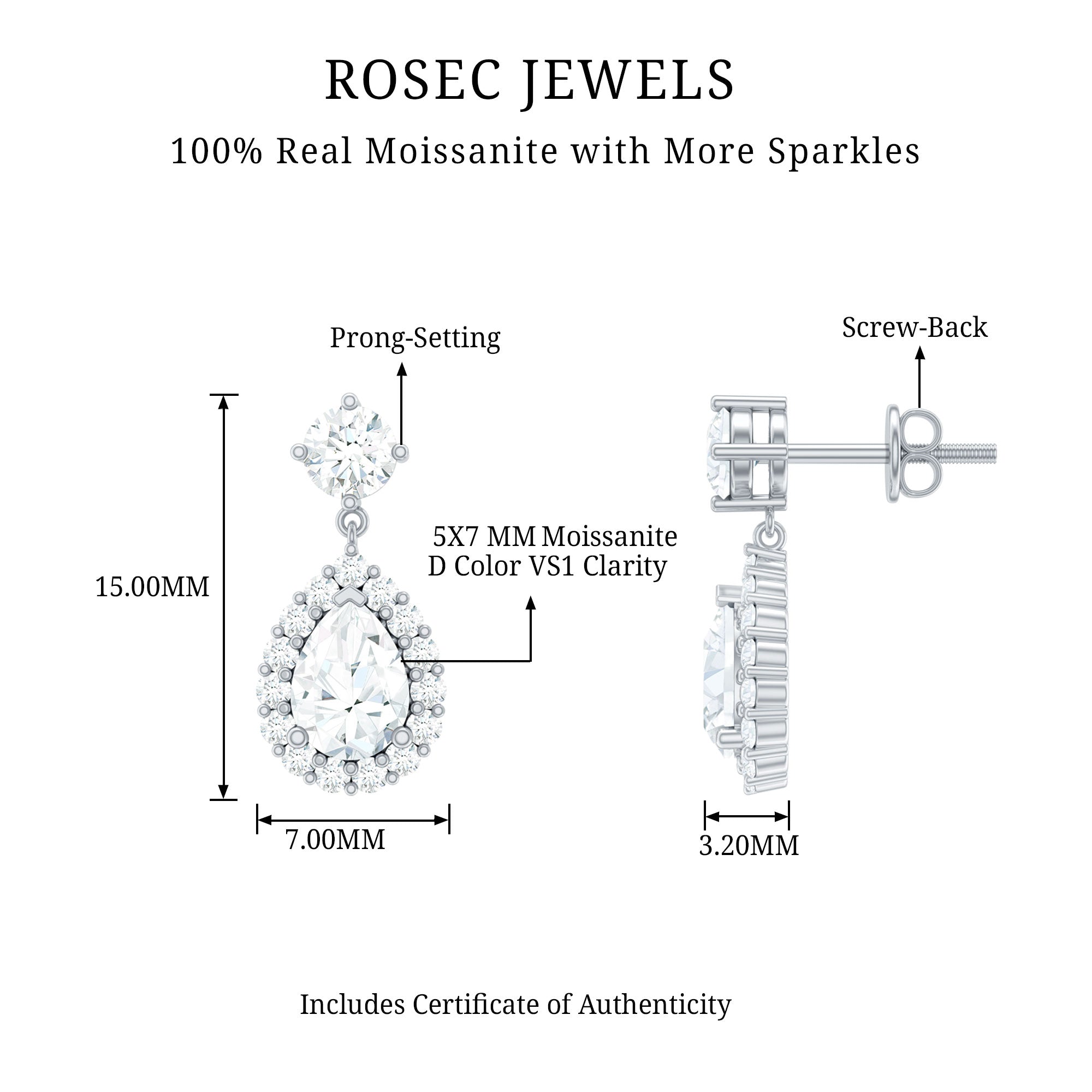 2.50 CT Moissanite Silver Teardrop Bridal Dangle Earrings in Prong Setting