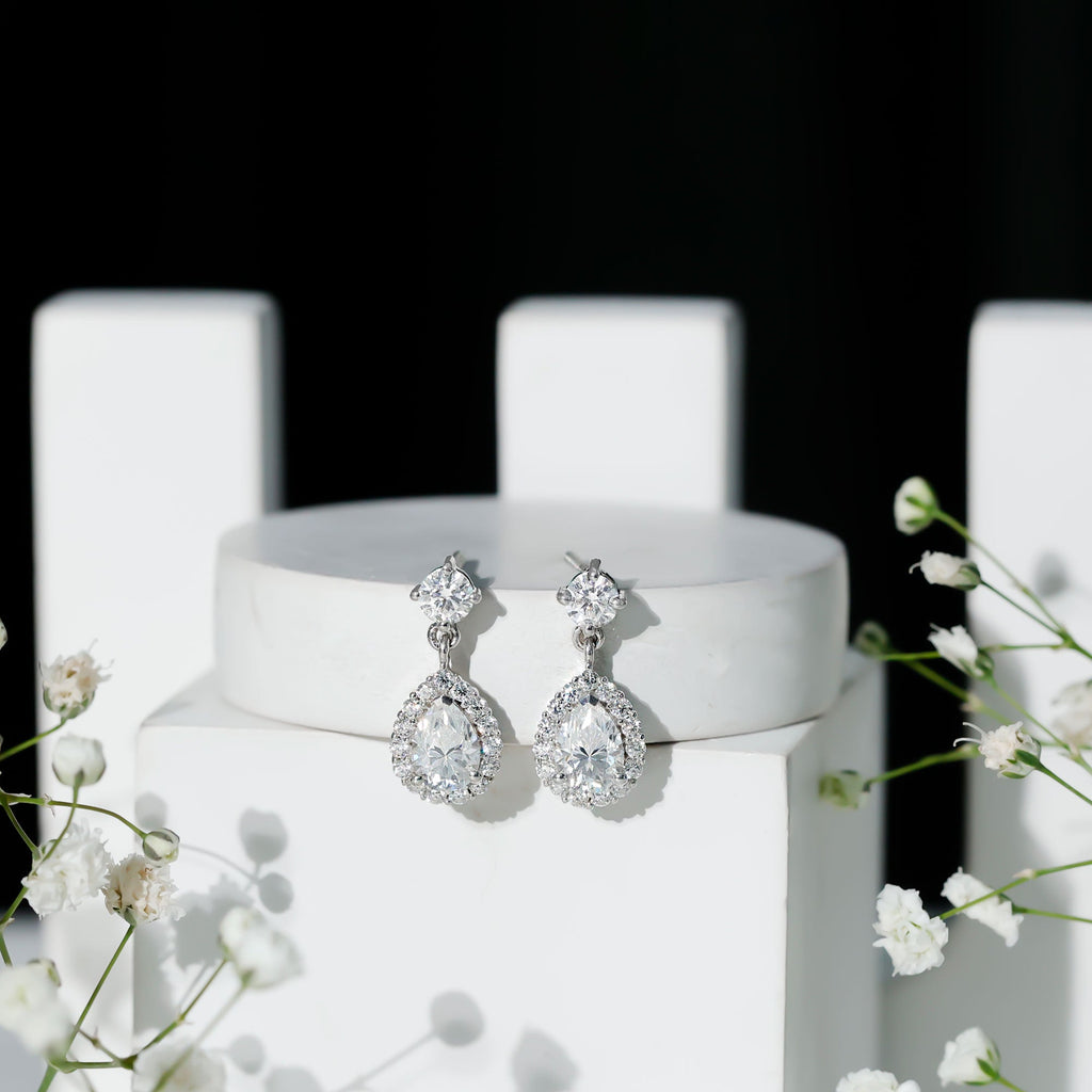 2.50 CT Moissanite Silver Teardrop Bridal Dangle Earrings in Prong Setting