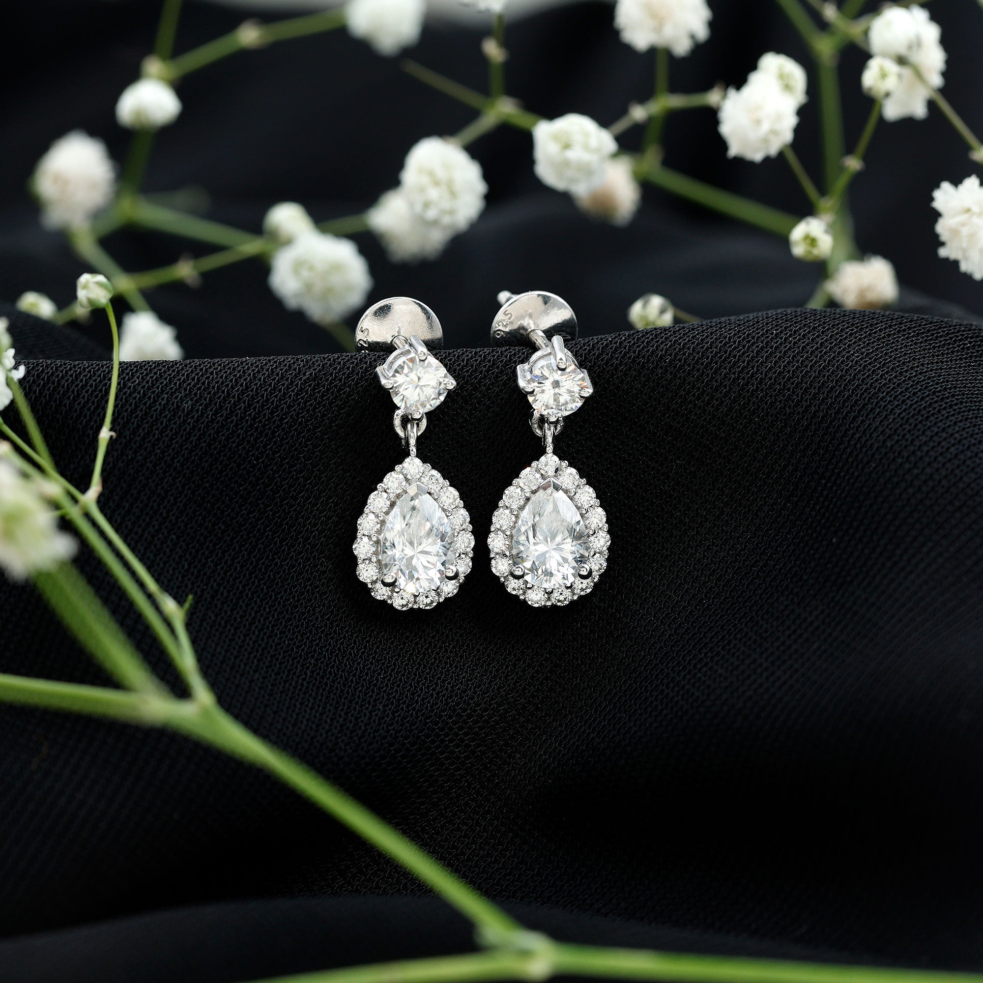 2.50 CT Moissanite Silver Teardrop Bridal Dangle Earrings in Prong Setting