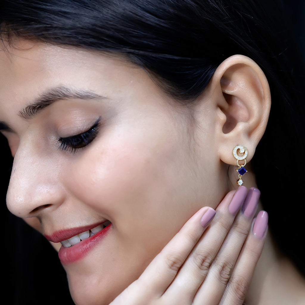 Lab Grown Blue Sapphire and Diamond Wedding Dangle Earrings