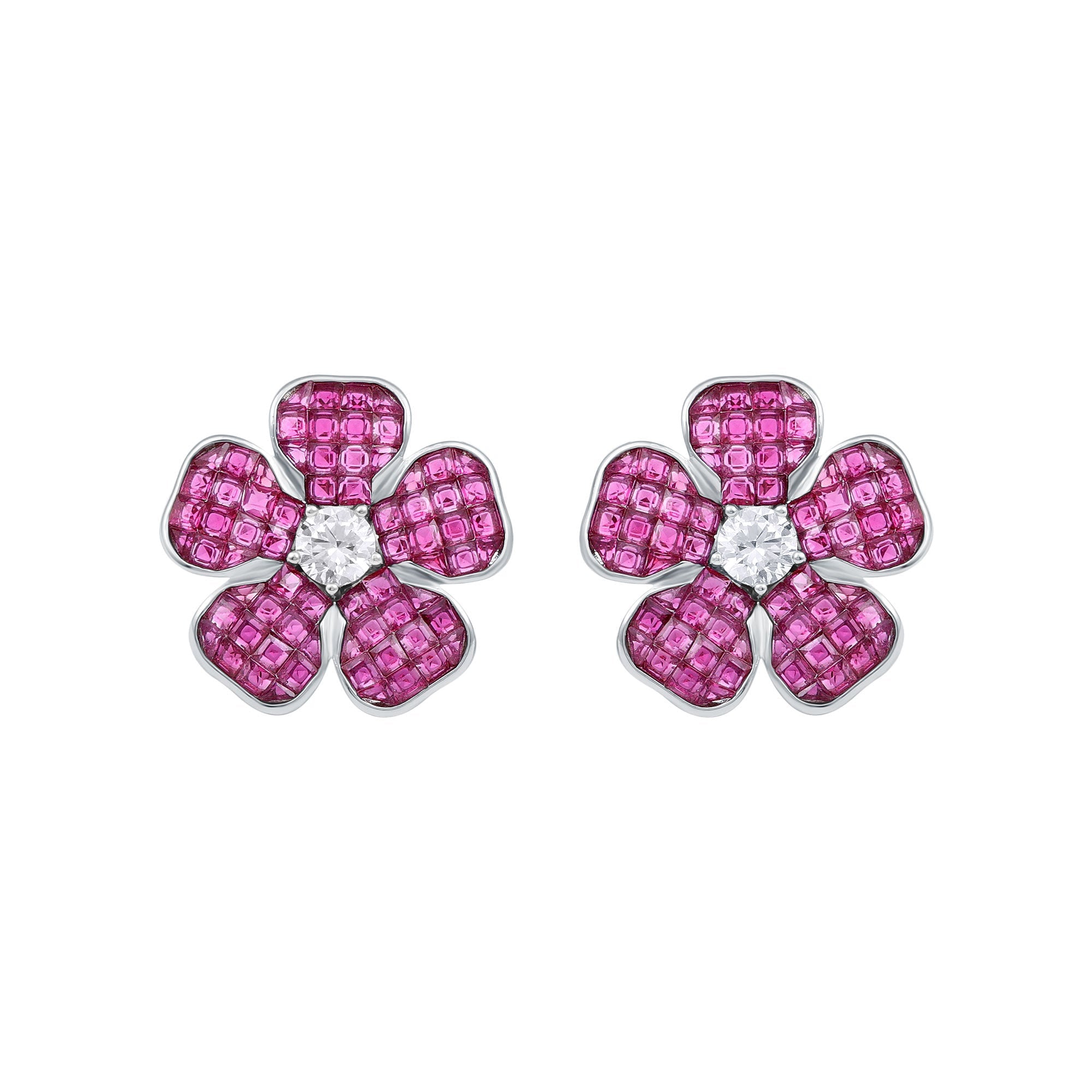 Lab Grown Ruby Flower Stud Earrings in Sterling Silver