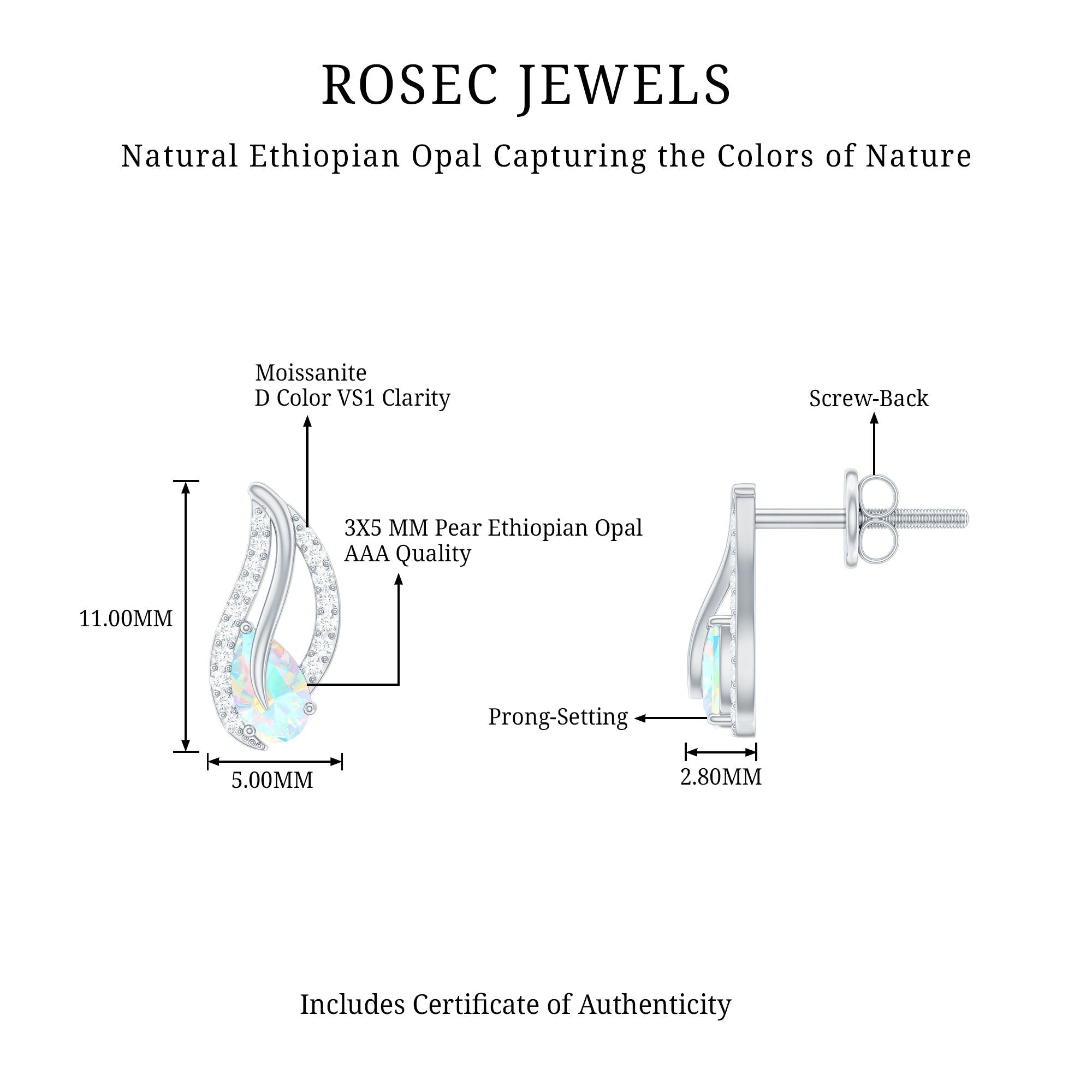 Natural Ethiopian Opal Leaf Stud Earrings With Moissanite