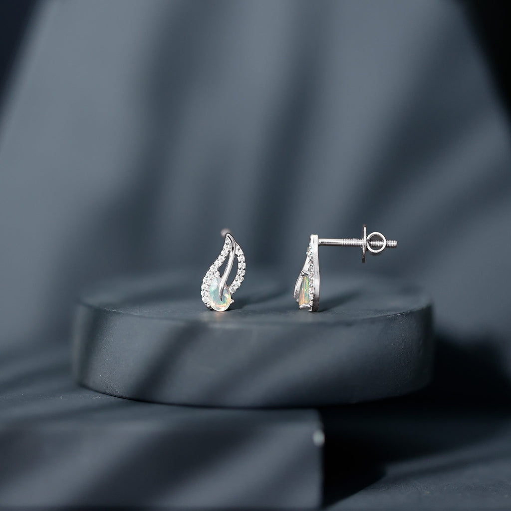 Natural Ethiopian Opal Leaf Stud Earrings With Moissanite