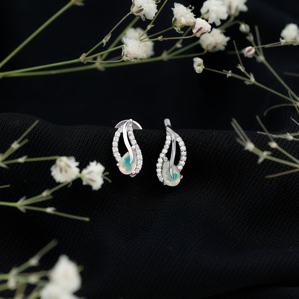 Natural Ethiopian Opal Leaf Stud Earrings With Moissanite
