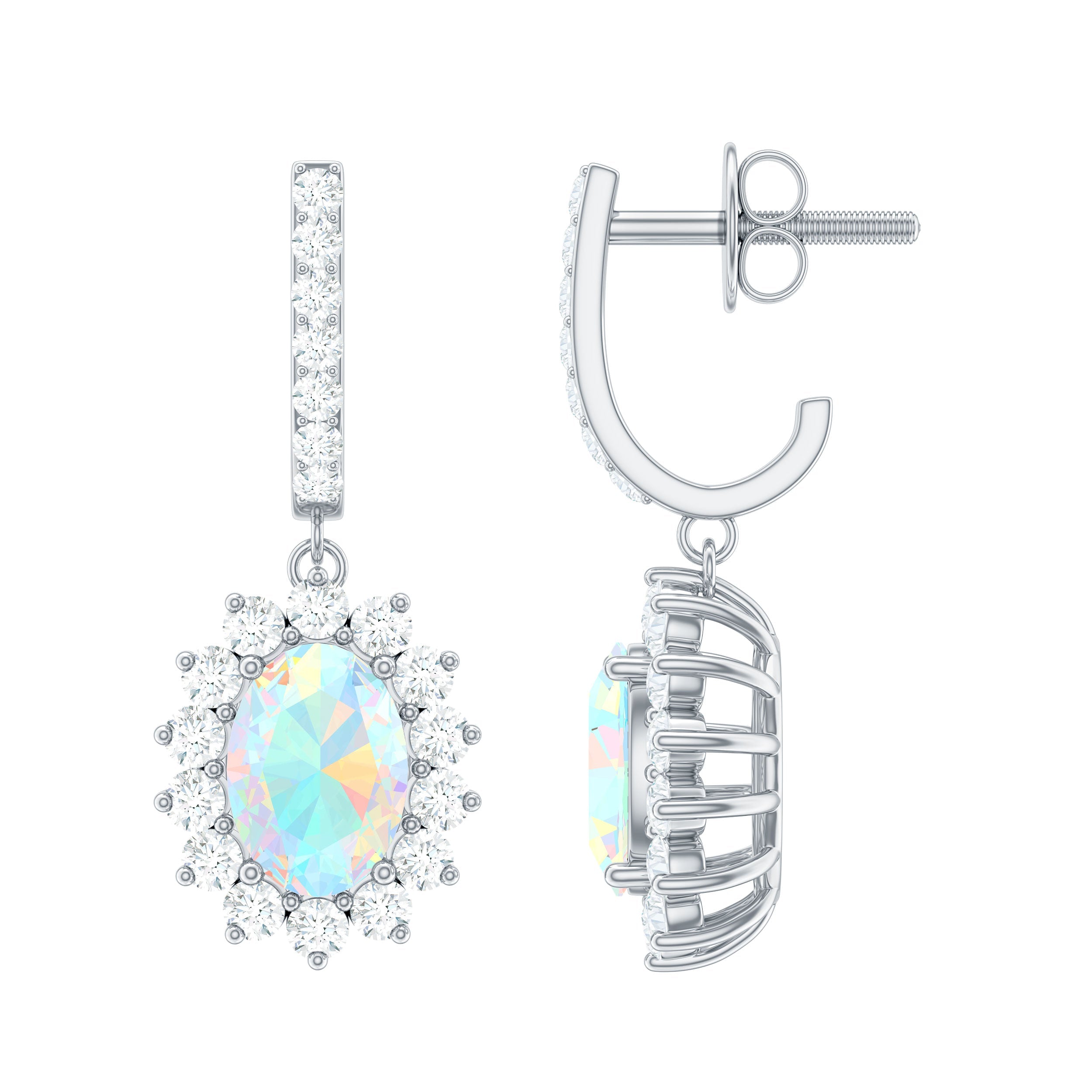 5X7 MM Oval Rainbow Opal Drop Earrings with Moissanite Halo
