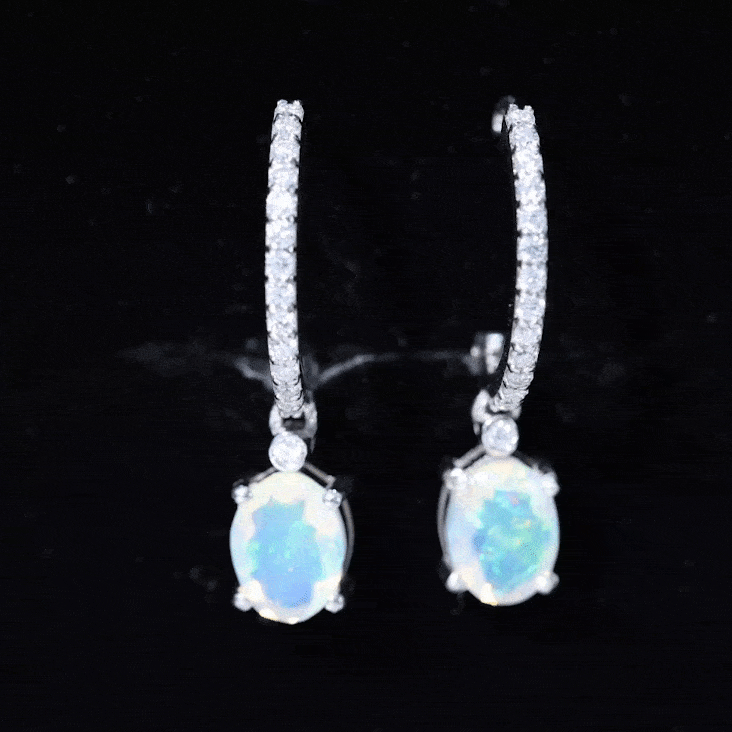 6X8 MM Oval Rainbow Opal and Moissanite Hinged Hoop Earrings