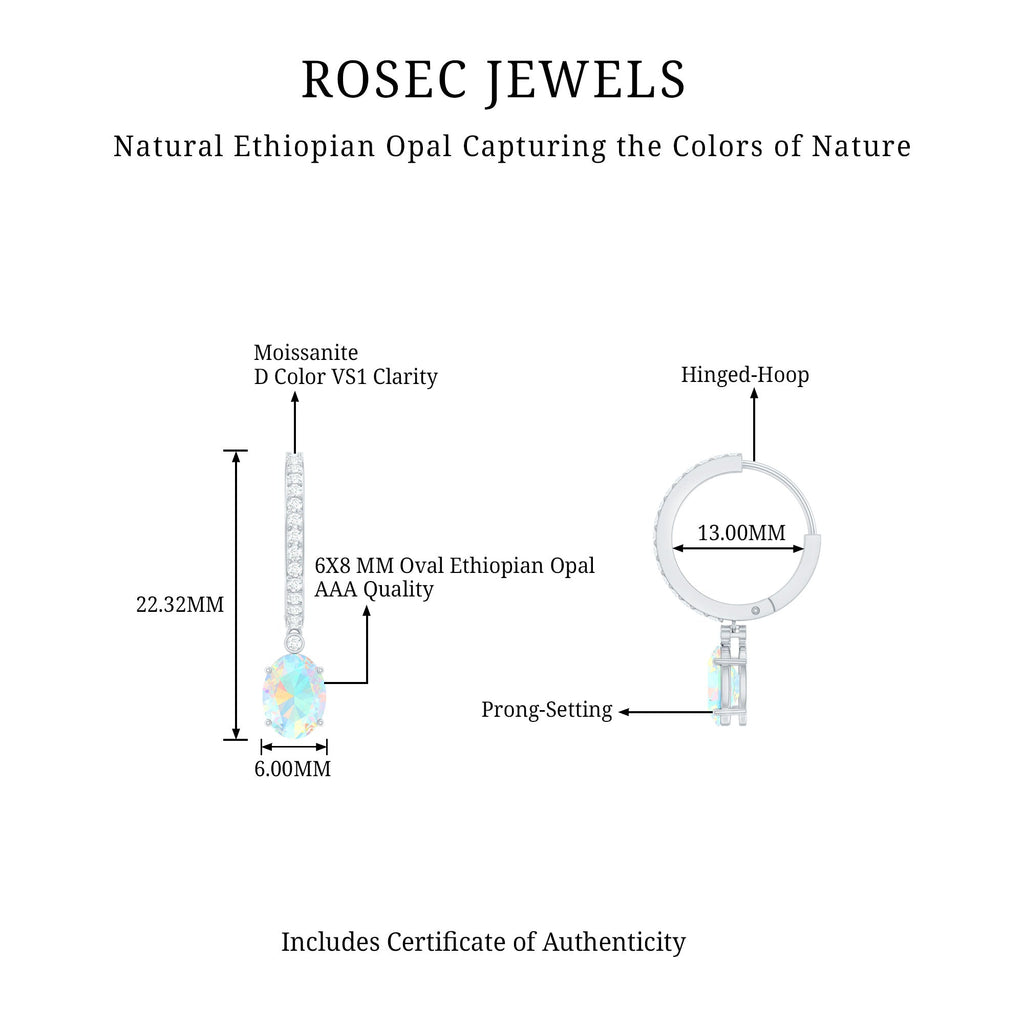 6X8 MM Oval Rainbow Opal and Moissanite Hinged Hoop Earrings