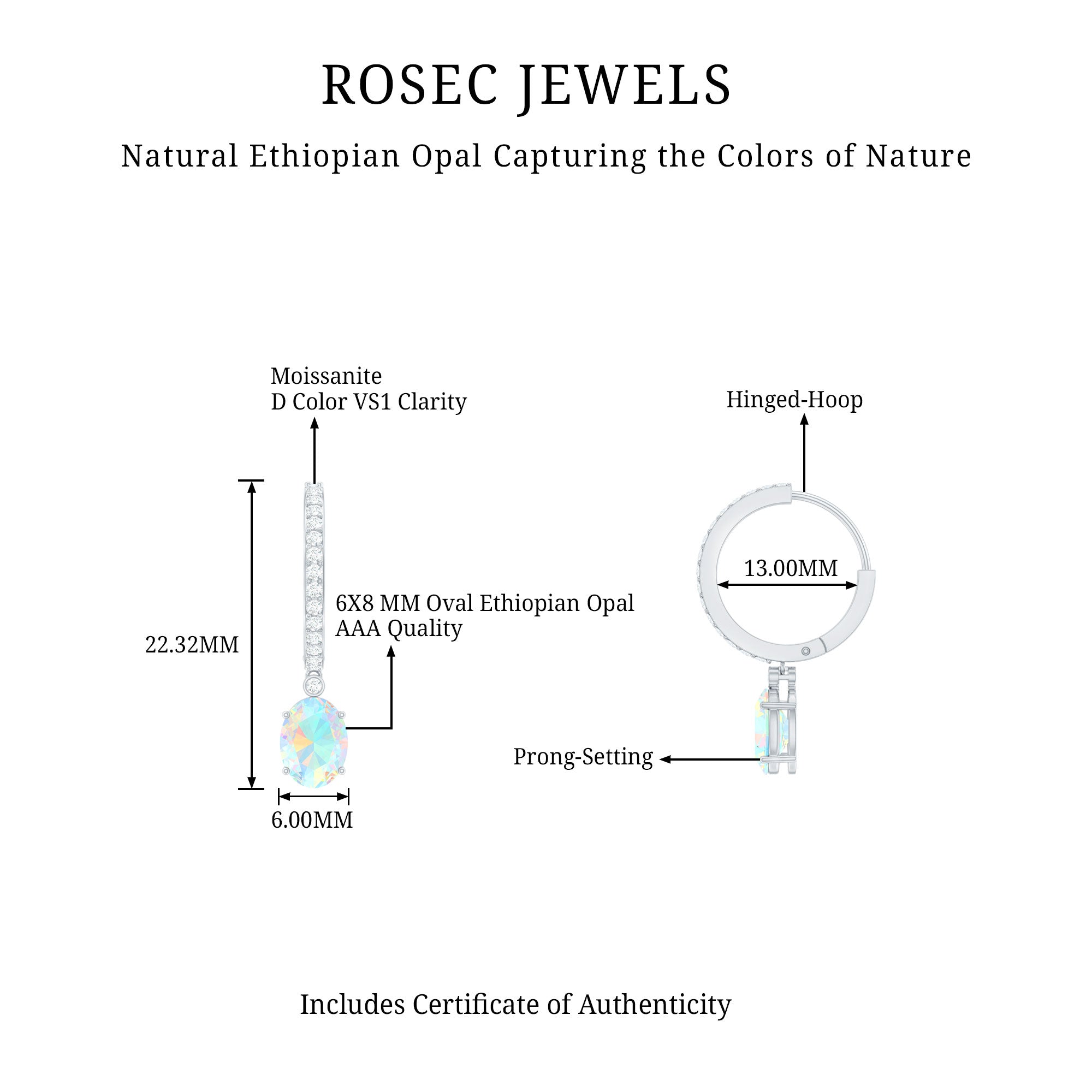 6X8 MM Oval Rainbow Opal and Moissanite Hinged Hoop Earrings