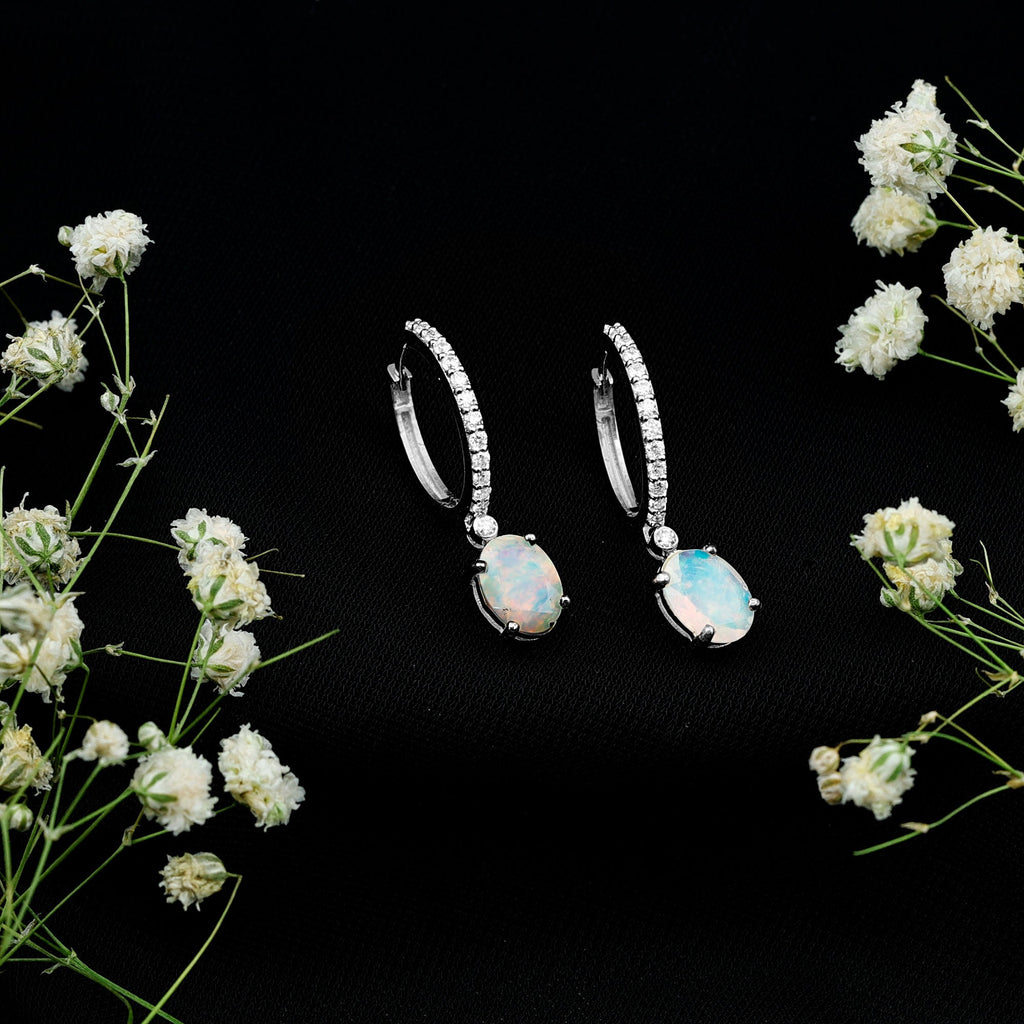 6X8 MM Oval Rainbow Opal and Moissanite Hinged Hoop Earrings