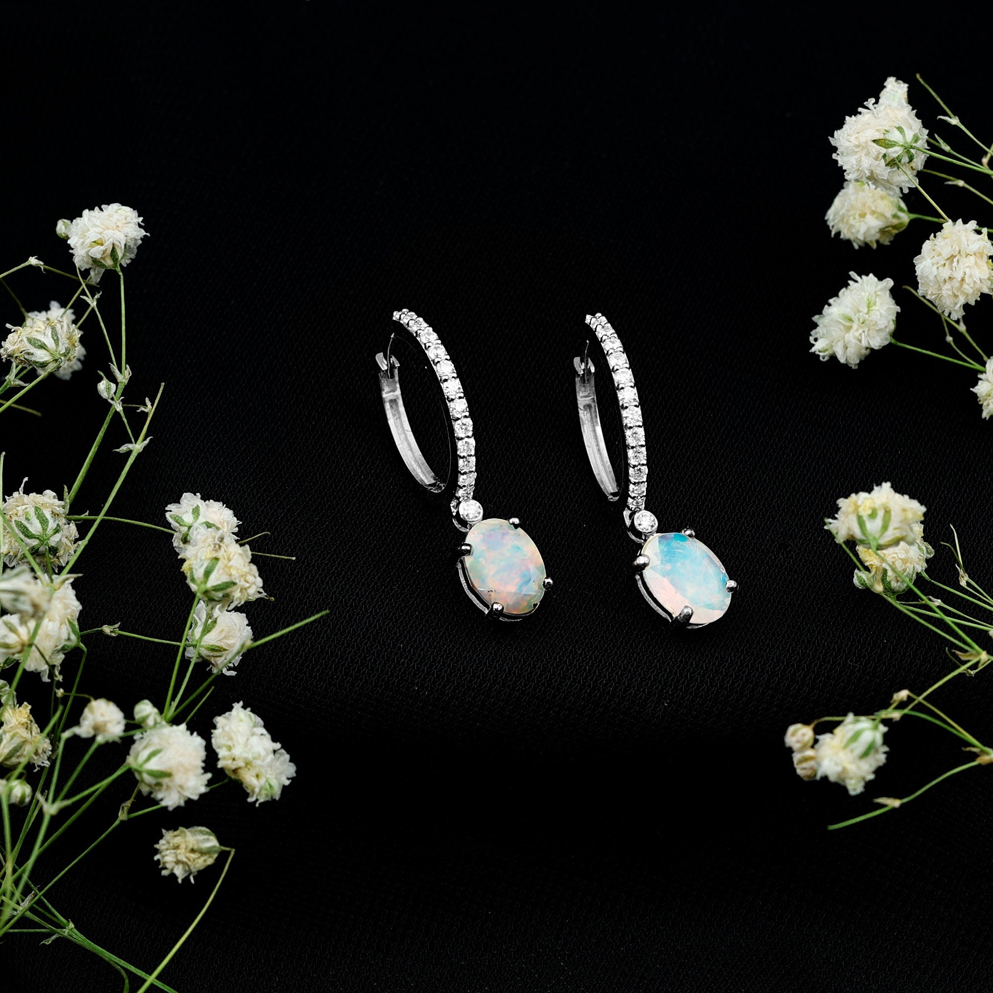 6X8 MM Oval Rainbow Opal and Moissanite Hinged Hoop Earrings