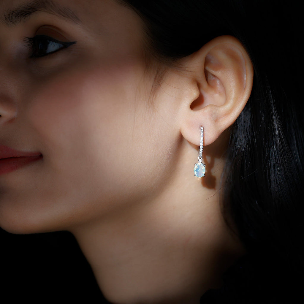 6X8 MM Oval Rainbow Opal and Moissanite Hinged Hoop Earrings