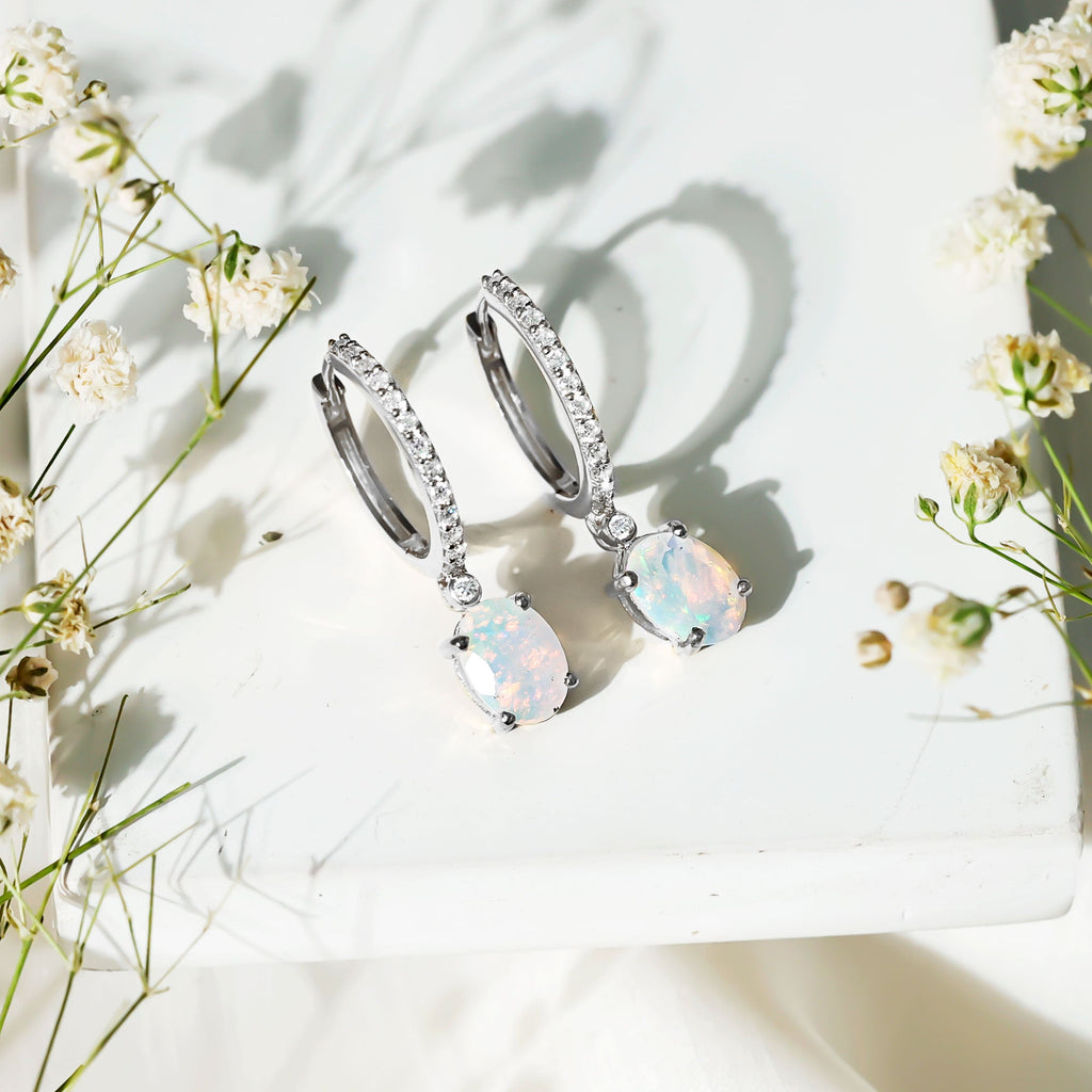 6X8 MM Oval Rainbow Opal and Moissanite Hinged Hoop Earrings