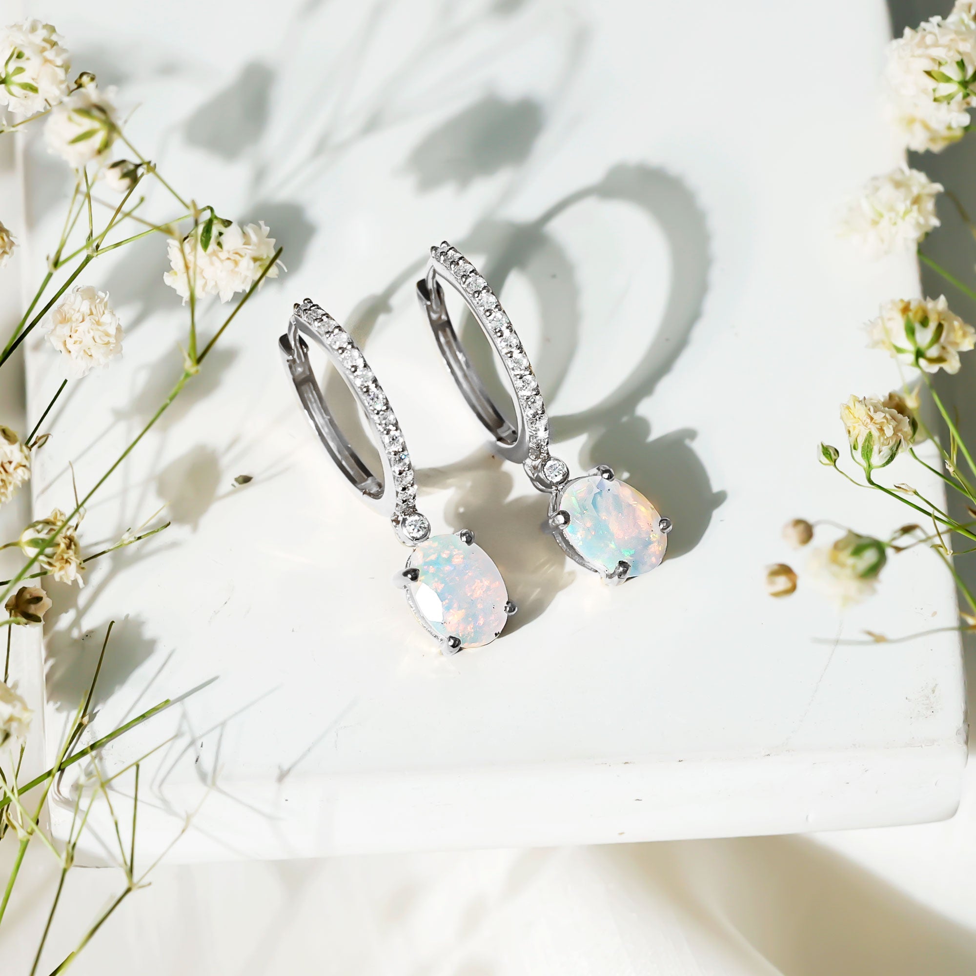 6X8 MM Oval Rainbow Opal and Moissanite Hinged Hoop Earrings