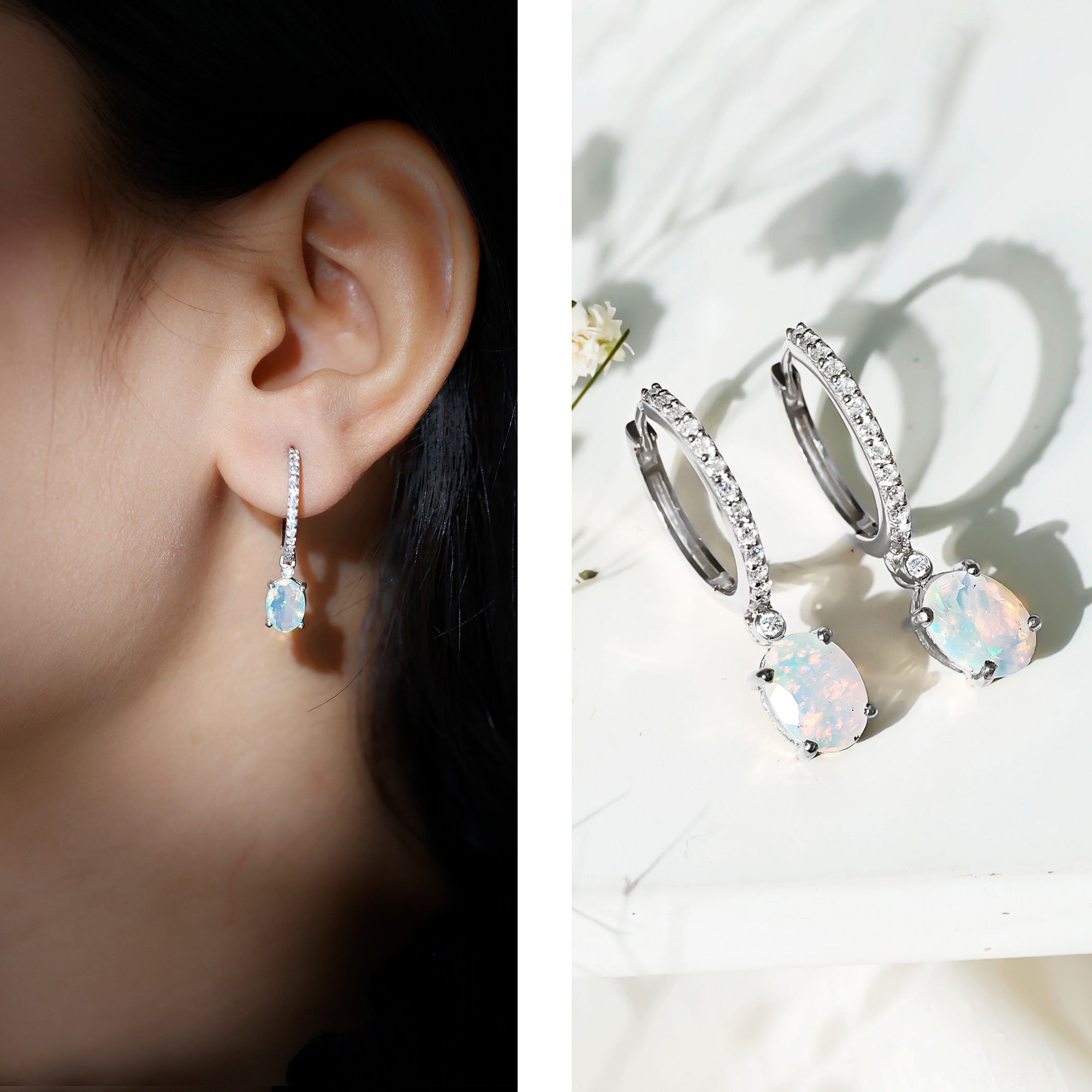 6X8 MM Oval Rainbow Opal and Moissanite Hinged Hoop Earrings