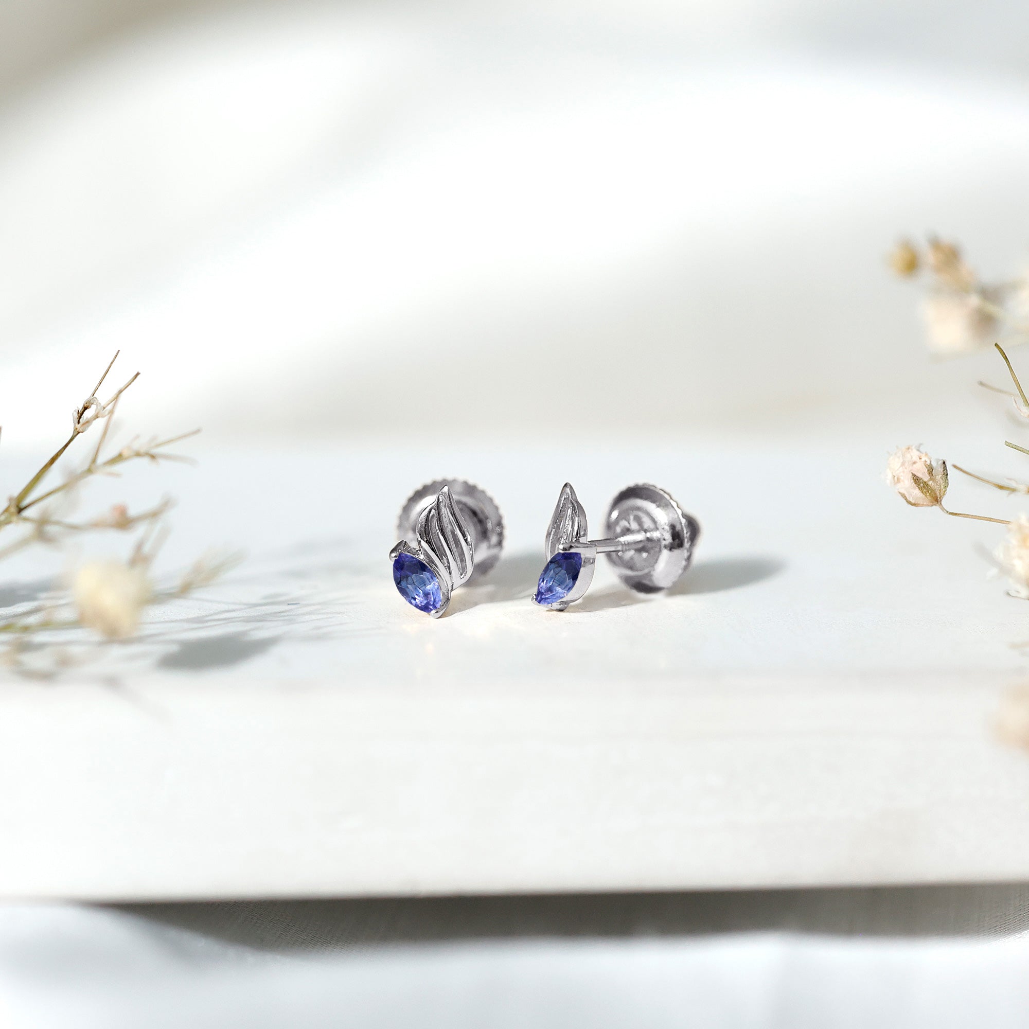 Genuine Tanzanite Leaf Stud Earrings with Screw on Back
