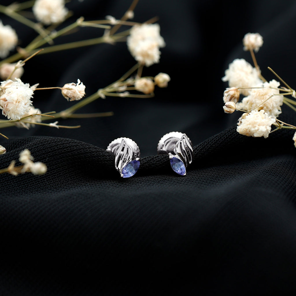 Genuine Tanzanite Leaf Stud Earrings with Screw on Back