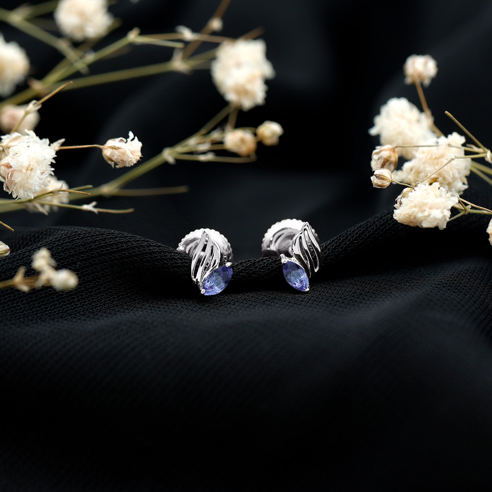 Genuine Tanzanite Leaf Stud Earrings with Screw on Back