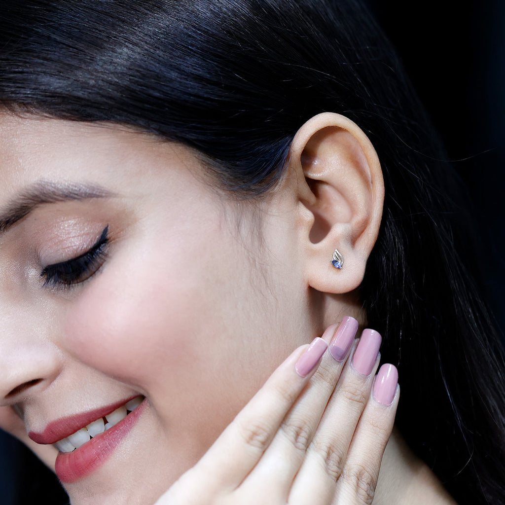 Genuine Tanzanite Leaf Stud Earrings with Screw on Back