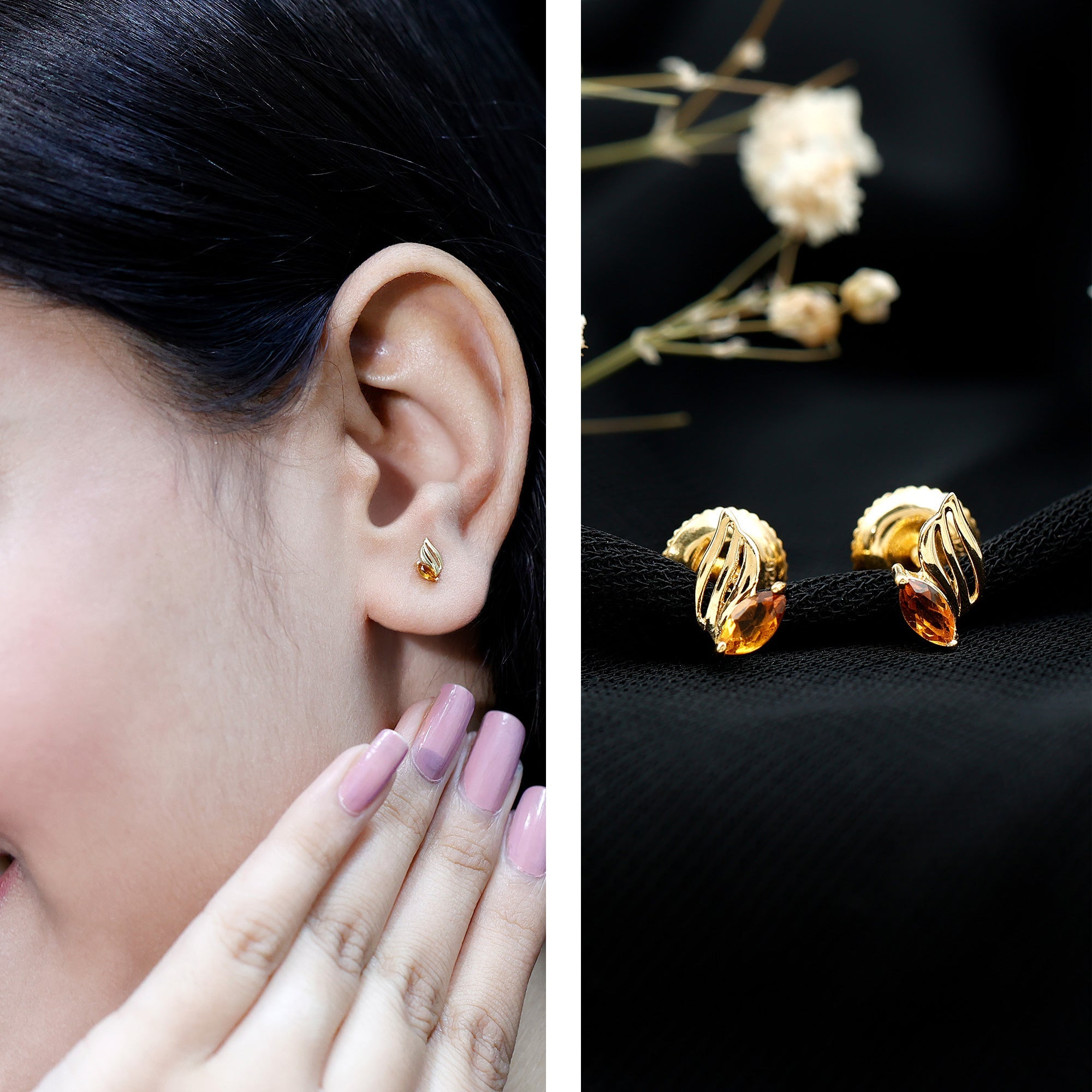 Nature Inspired Citrine Leaf Stud Earrings in Gold Plated Silver
