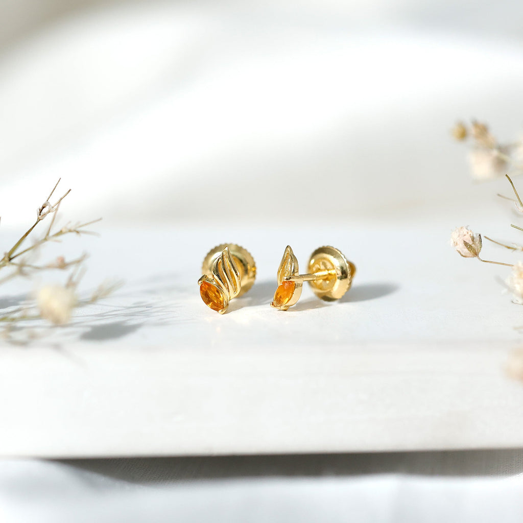 Nature Inspired Citrine Leaf Stud Earrings in Gold Plated Silver