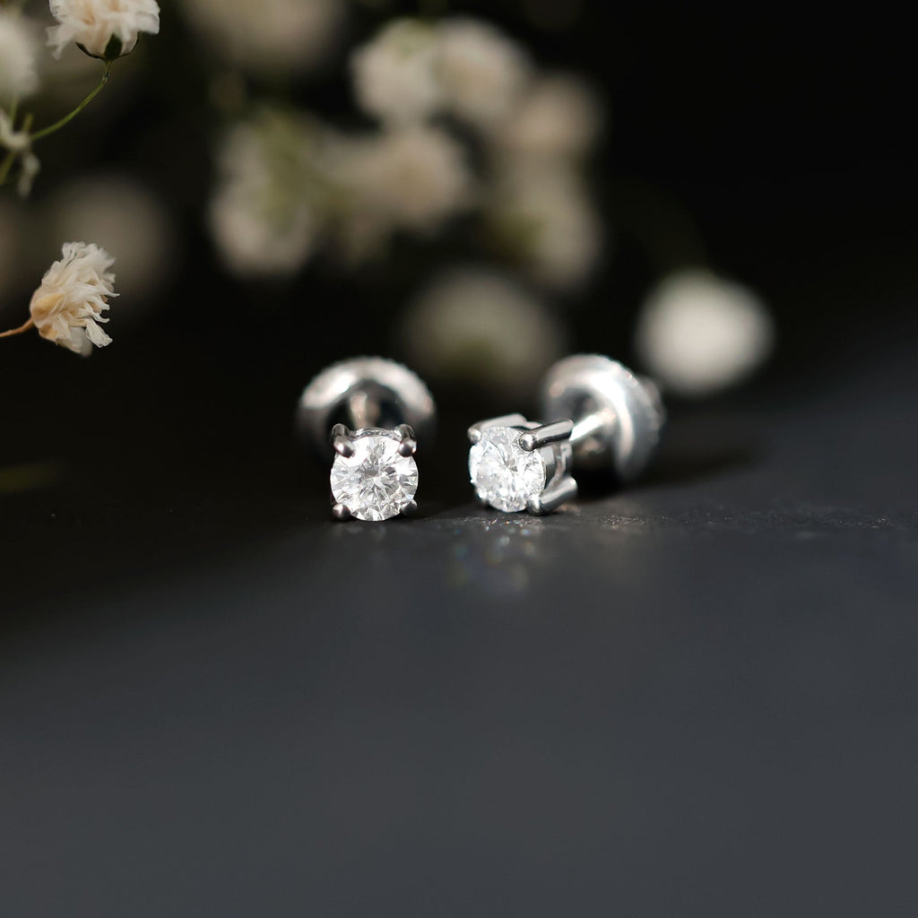 Round Cut Cubic Zirconia Solitaire Stud Earrings with Screw Back