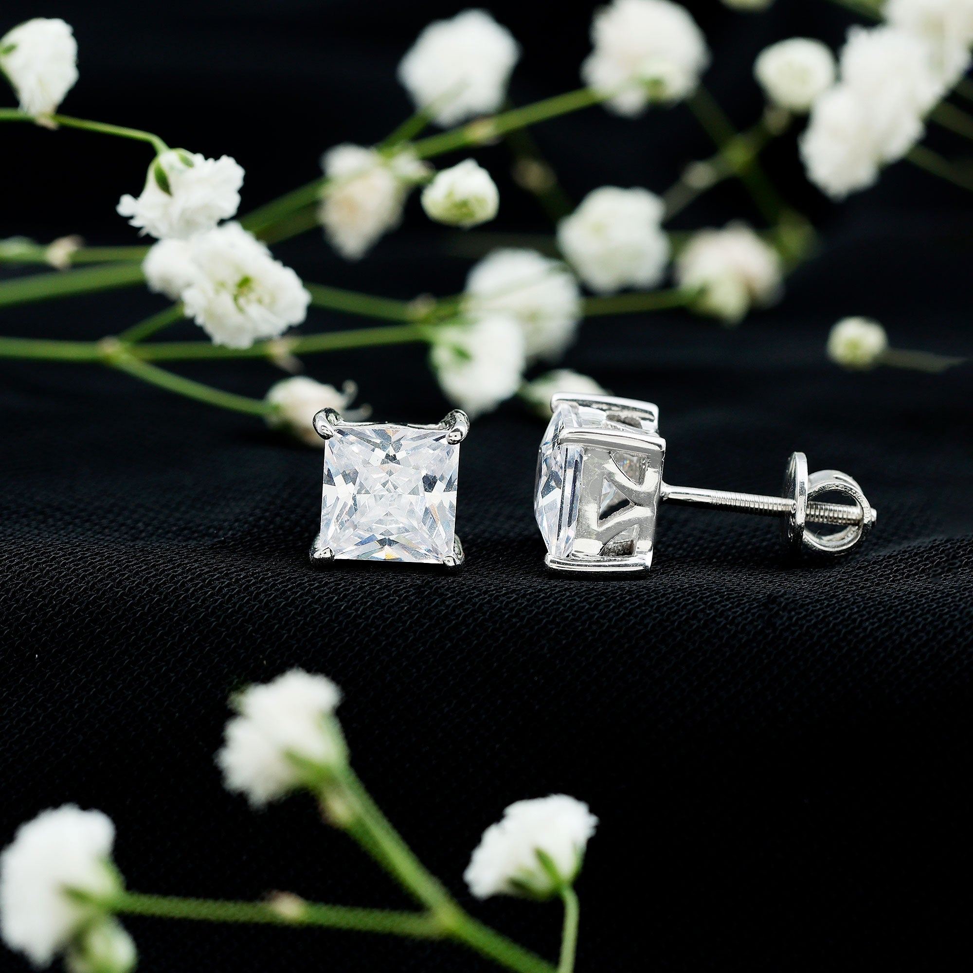 Cubic Zirconia 7 MM Princess Cut Earrings in Silver