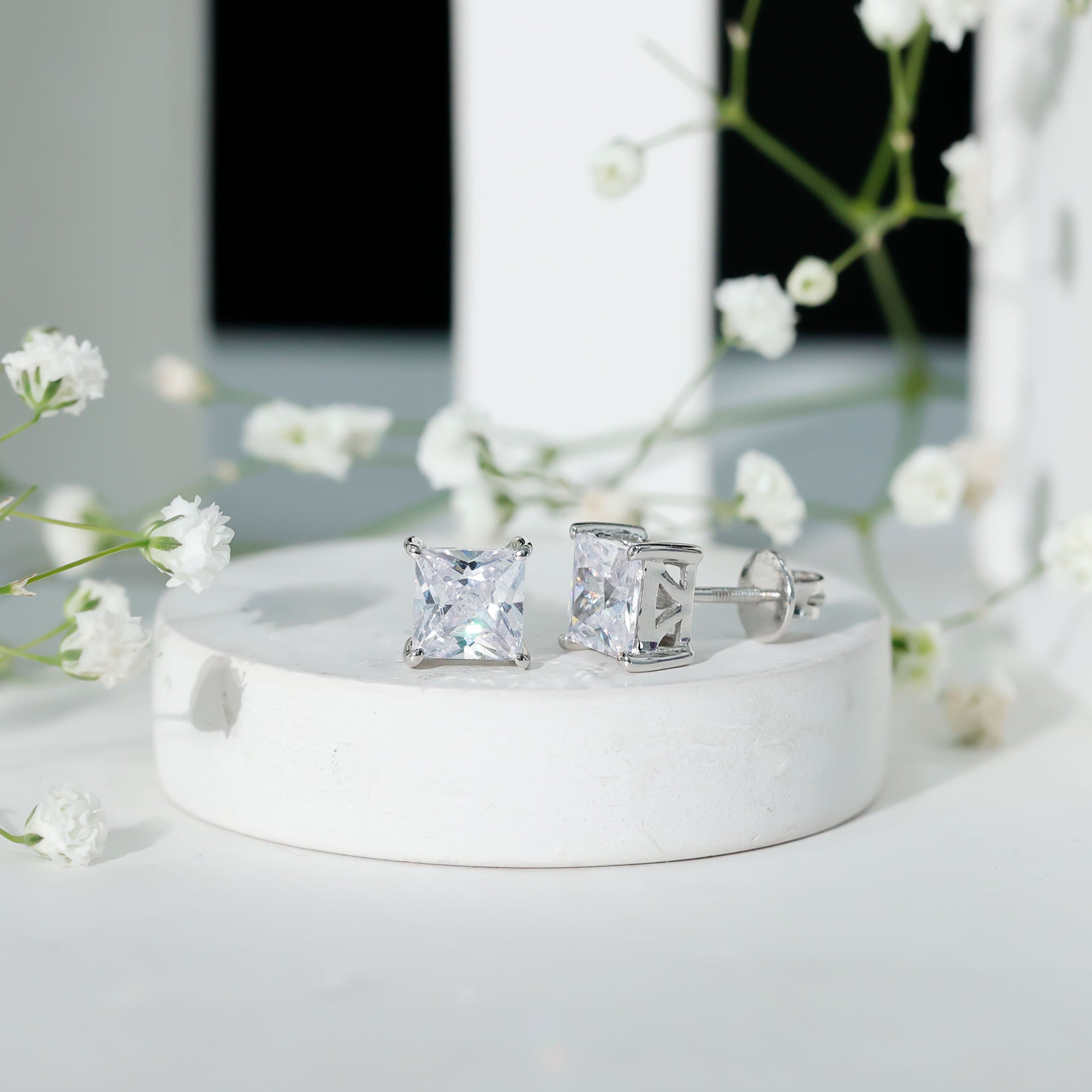 Cubic Zirconia 7 MM Princess Cut Earrings in Silver