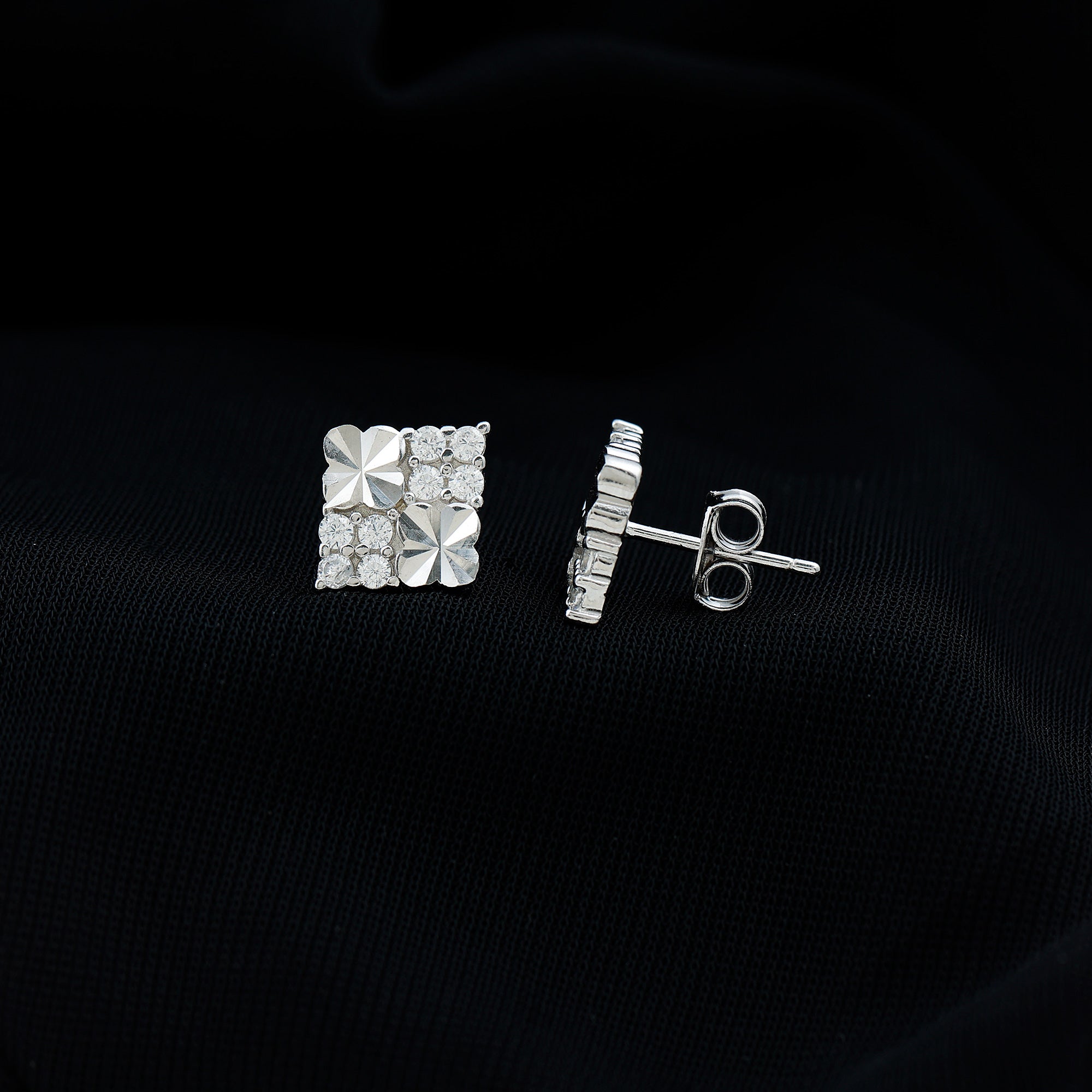 Certified Cubic Zirconia Square Stud Earrings in Silver