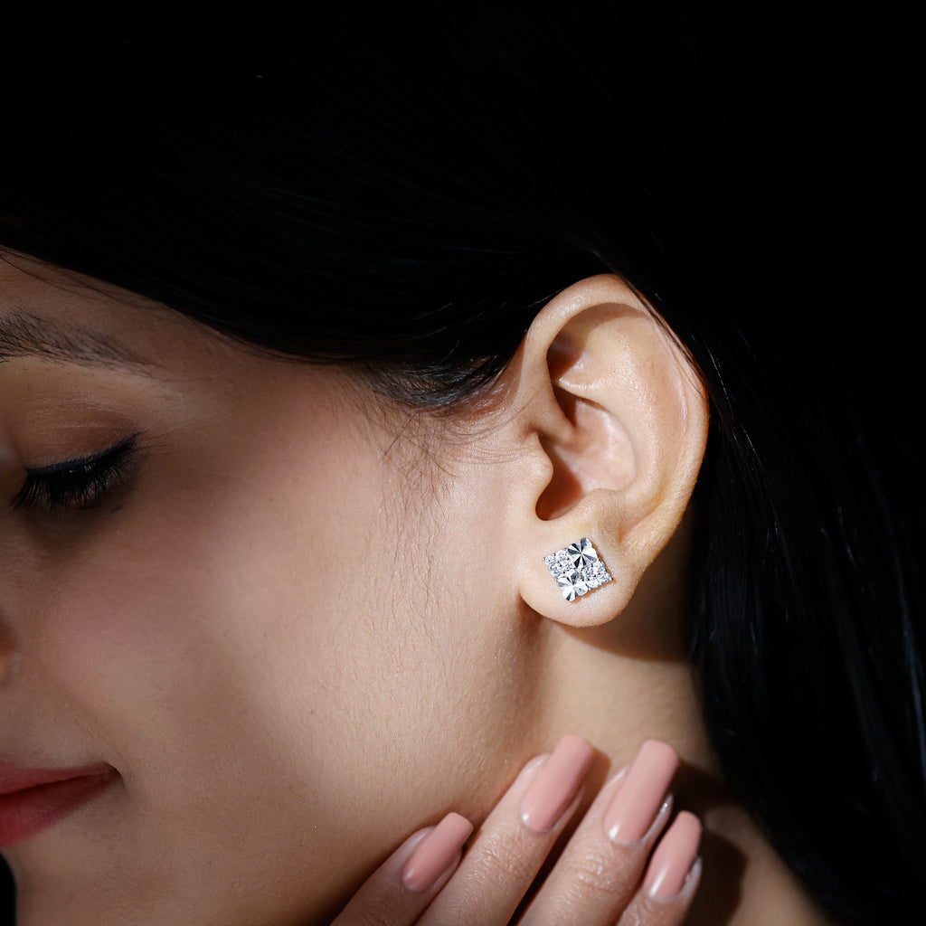 Certified Cubic Zirconia Square Stud Earrings in Silver