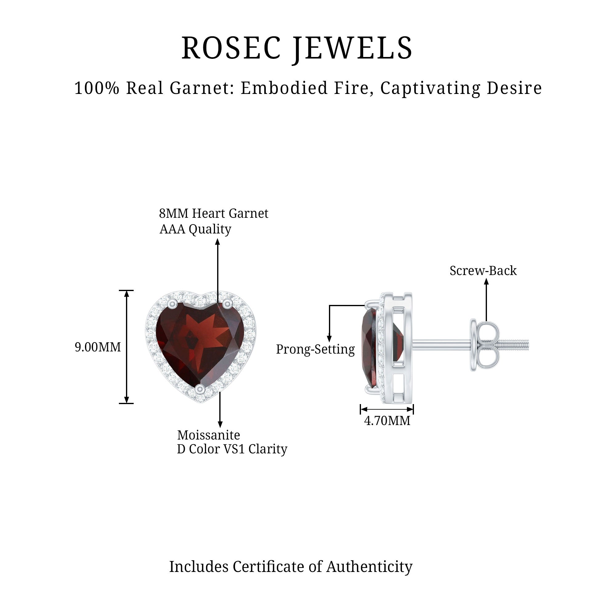 Natural 8 MM Garnet Heart Stud Earrings with Moissanite Halo