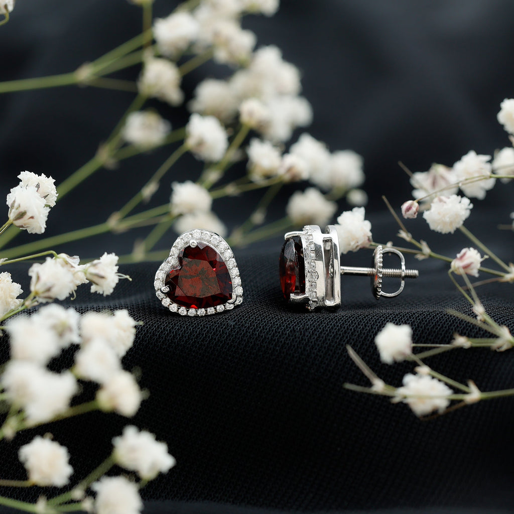Natural 8 MM Garnet Heart Stud Earrings with Moissanite Halo