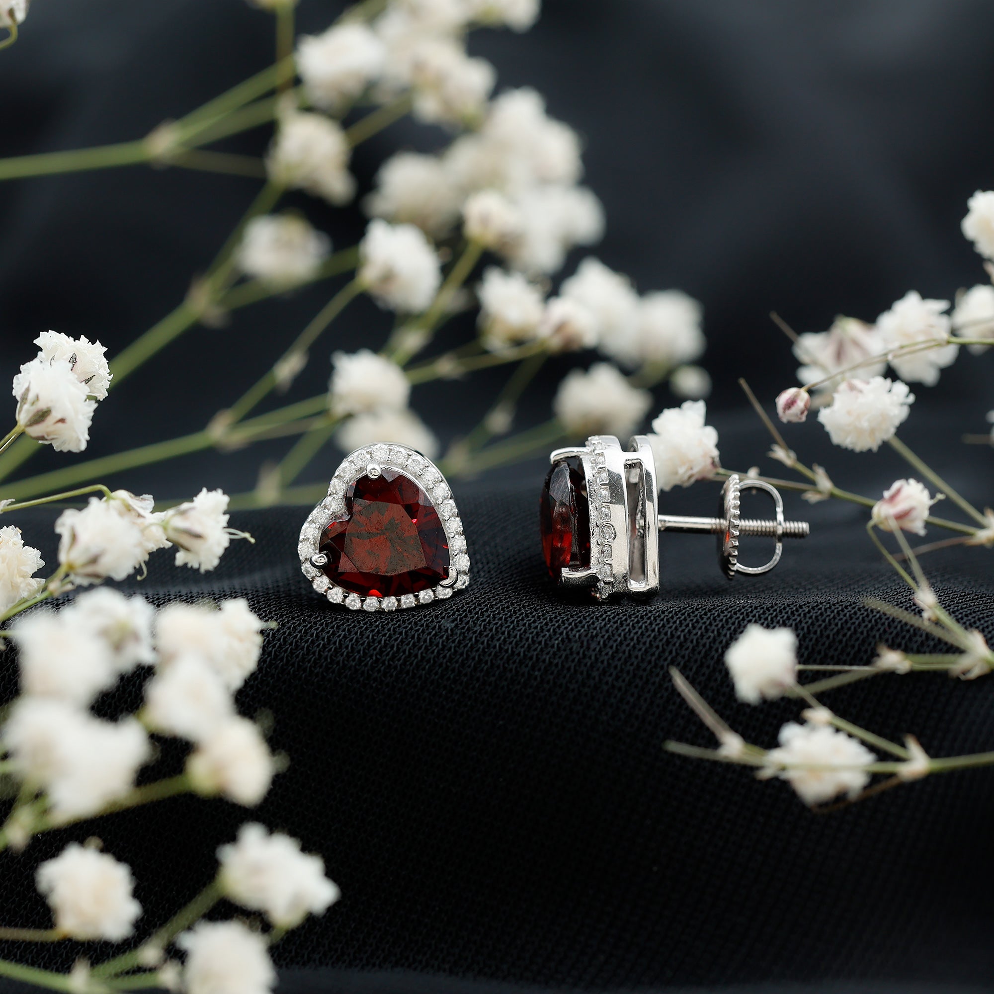 Natural 8 MM Garnet Heart Stud Earrings with Moissanite Halo