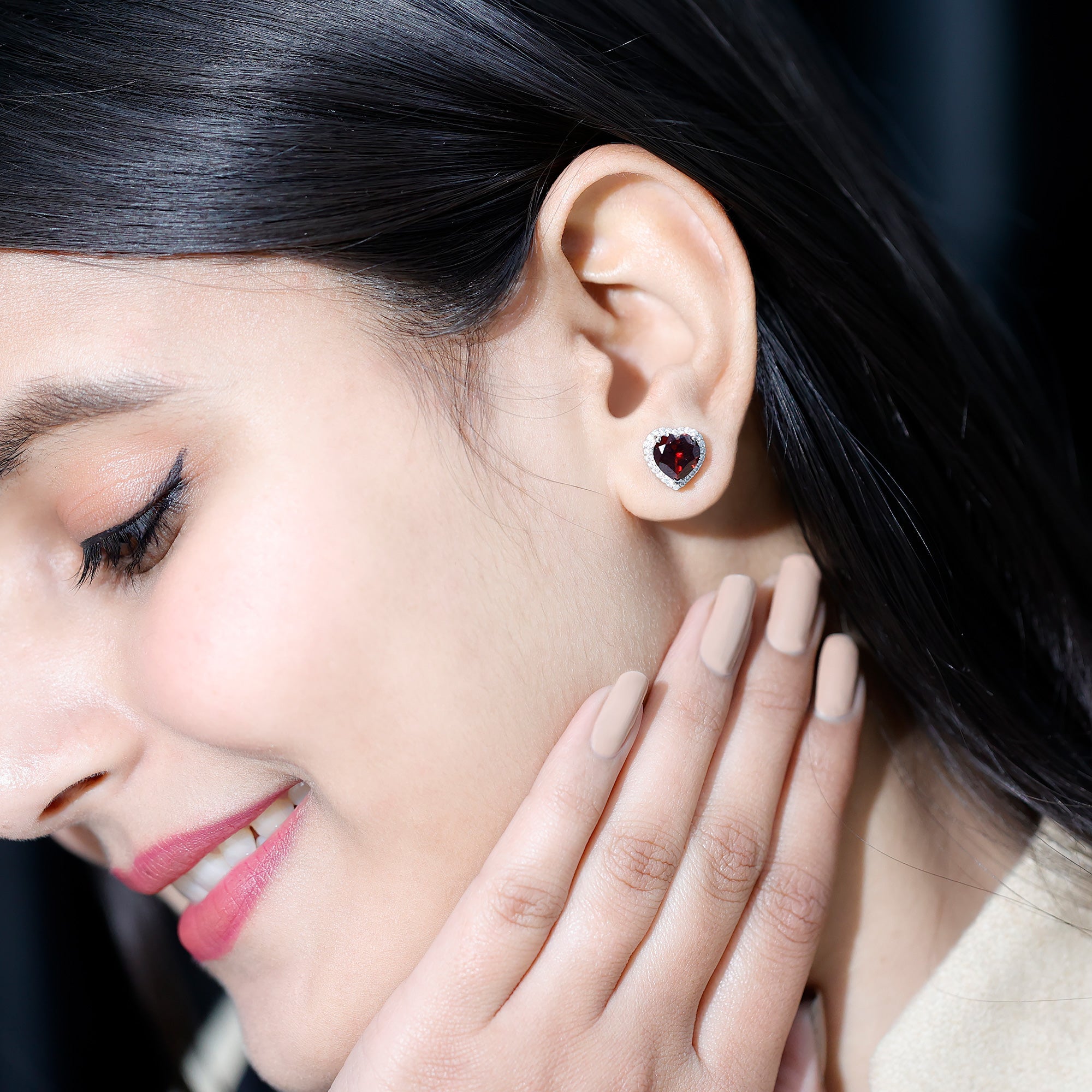 Natural 8 MM Garnet Heart Stud Earrings with Moissanite Halo