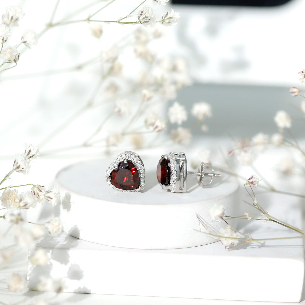 Natural 8 MM Garnet Heart Stud Earrings with Moissanite Halo