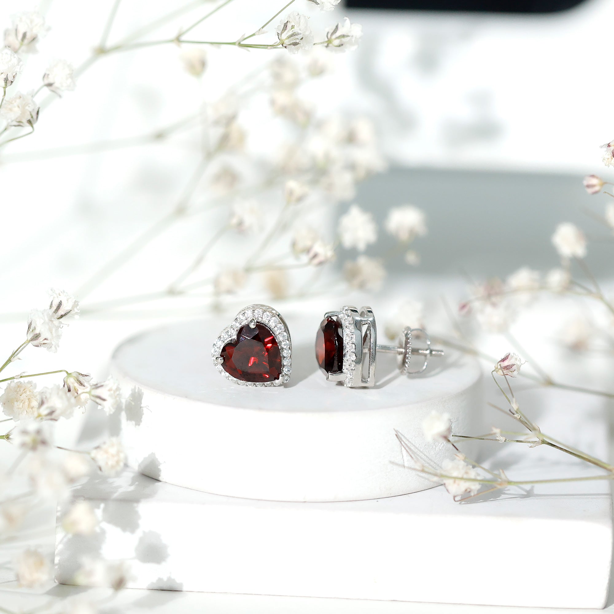 Natural 8 MM Garnet Heart Stud Earrings with Moissanite Halo