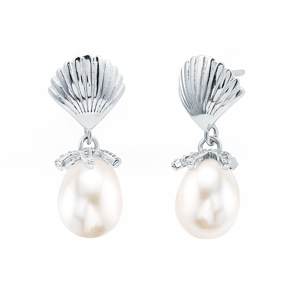 14K Gold Plated Silver Shell and Pearl Drop Earrings