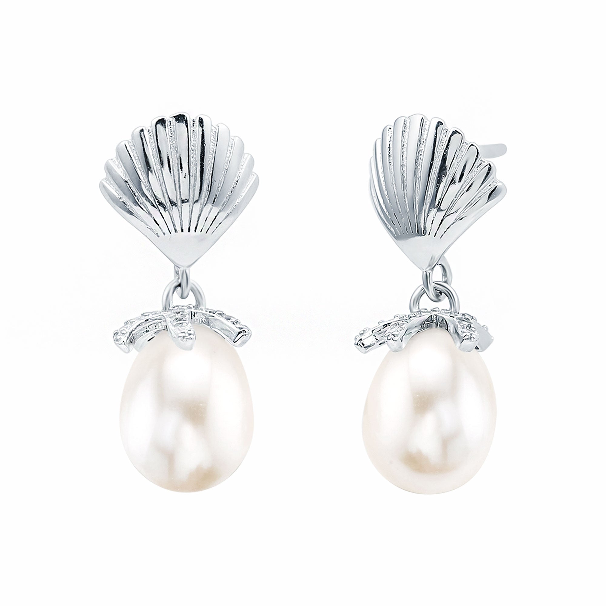 14K Gold Plated Silver Shell and Pearl Drop Earrings