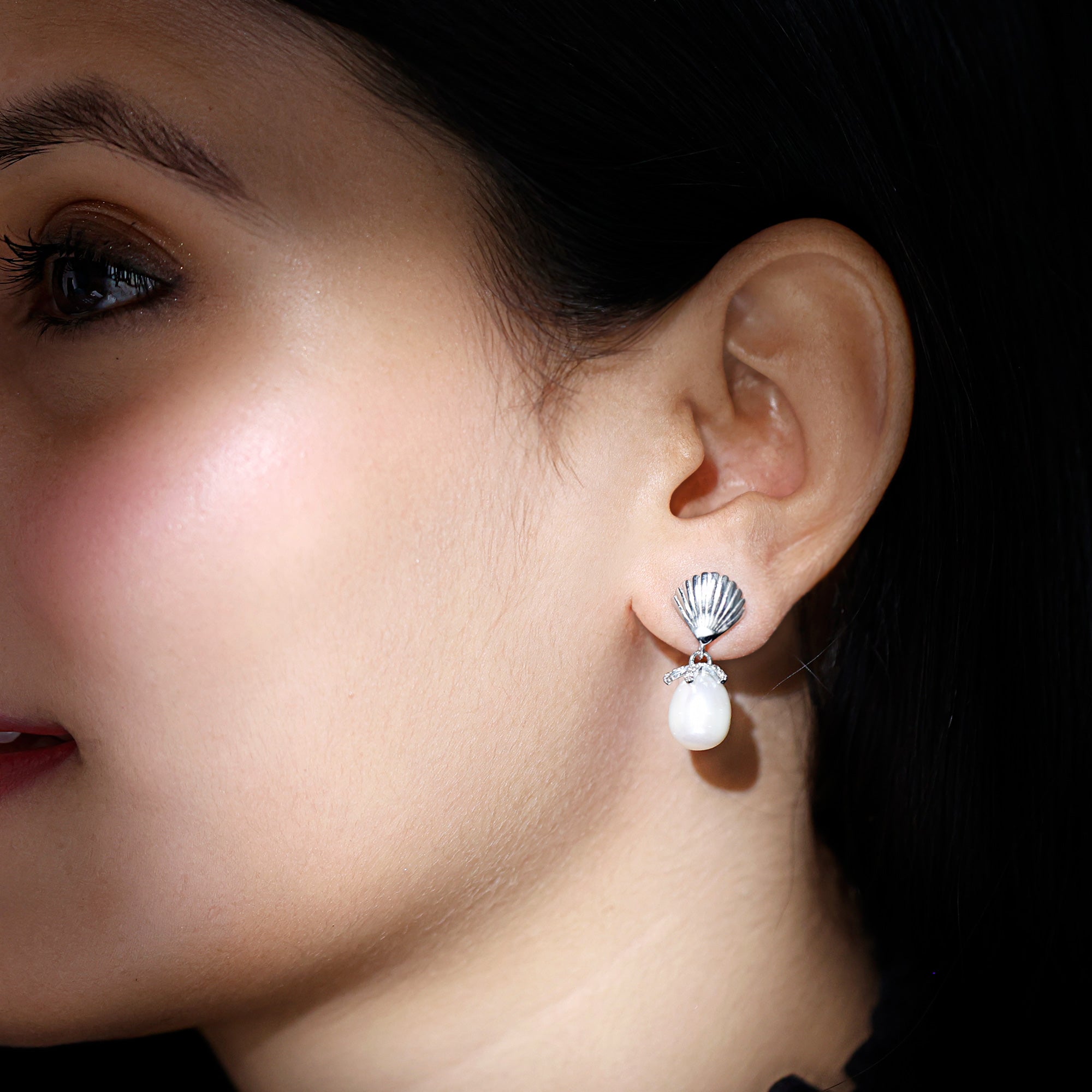 14K Gold Plated Silver Shell and Pearl Drop Earrings