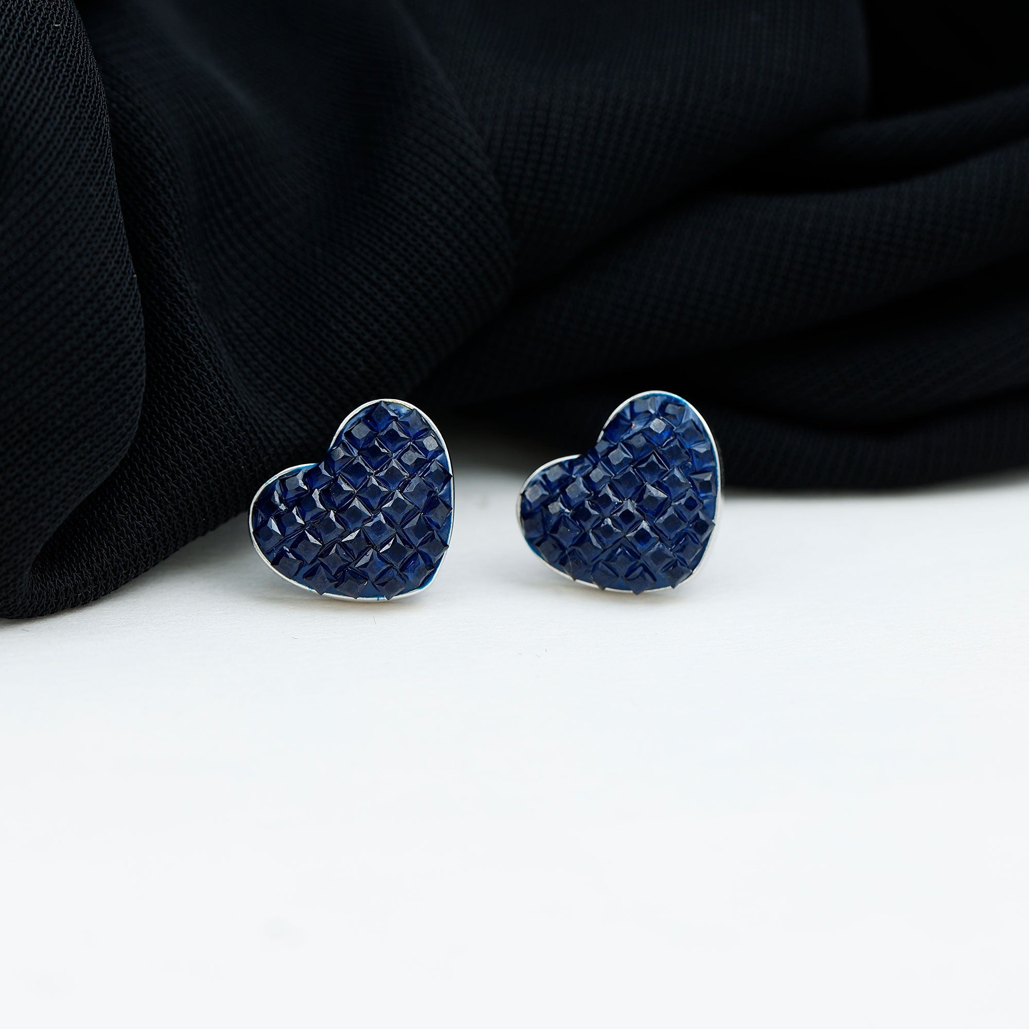 Lab Grown Blue Sapphire Heart Stud Earrings in 14K Gold Plated Silver