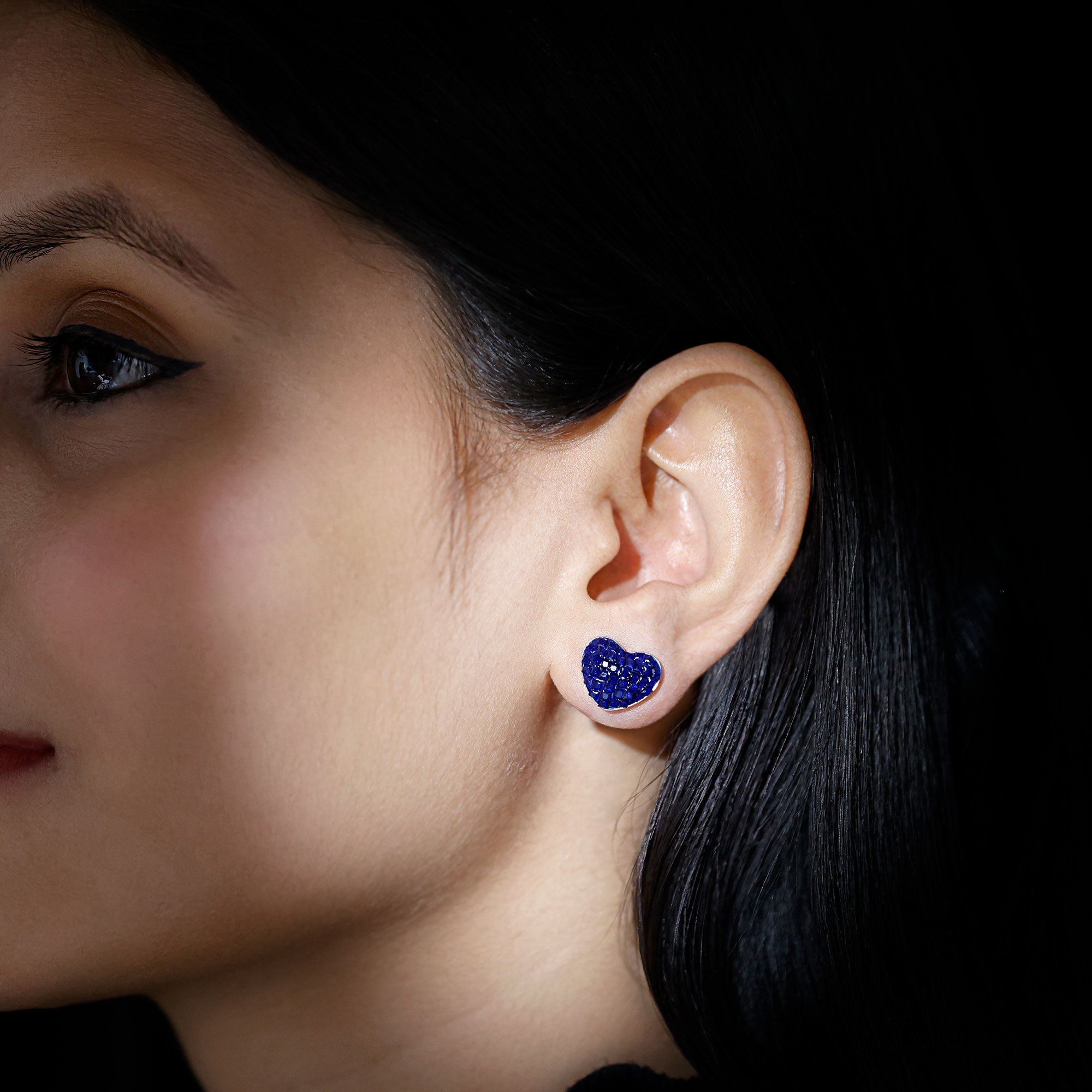 Lab Grown Blue Sapphire Heart Stud Earrings in 14K Gold Plated Silver