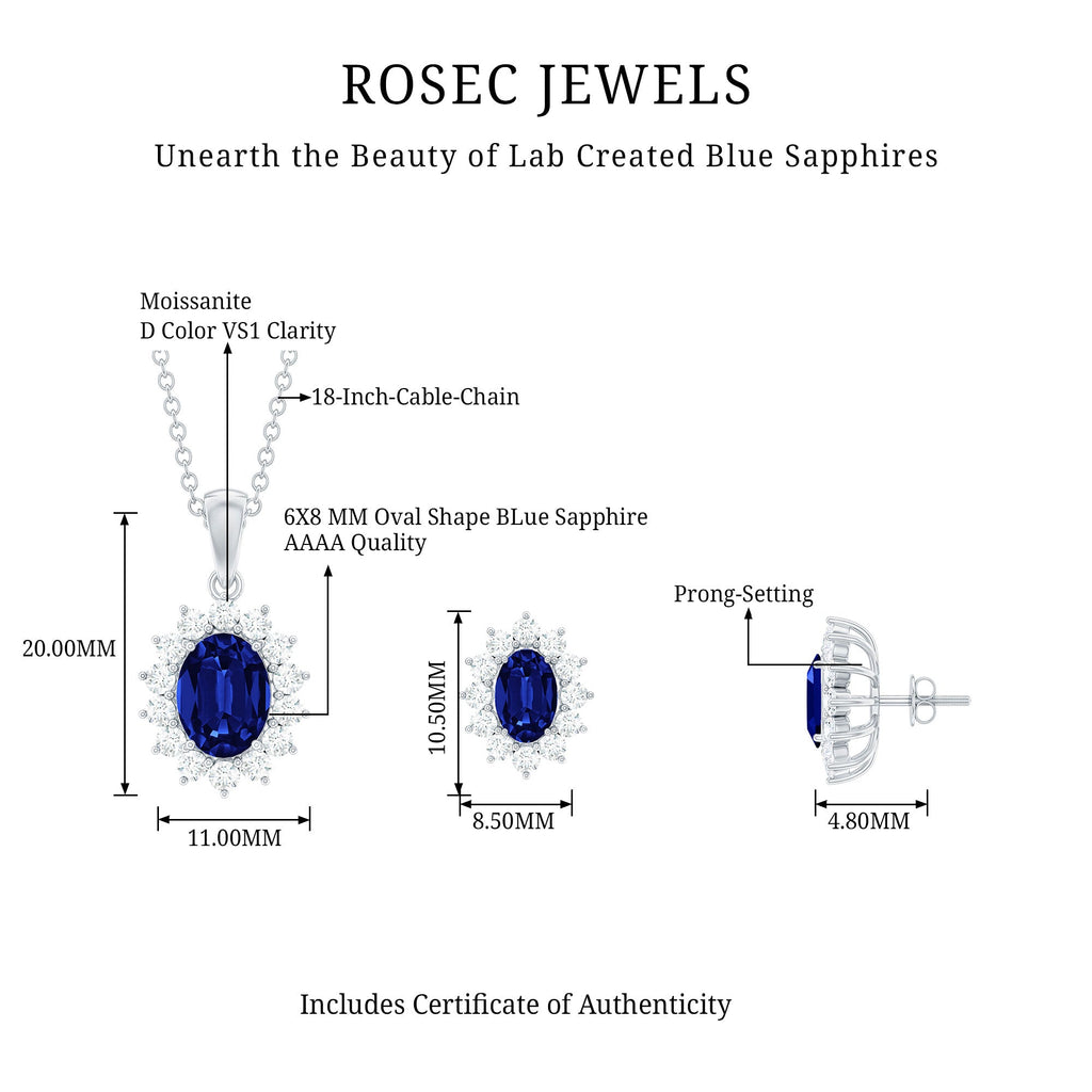 Princess Diana Inspired Lab Grown Blue Sapphire Necklace Earrings Set with Moissanite