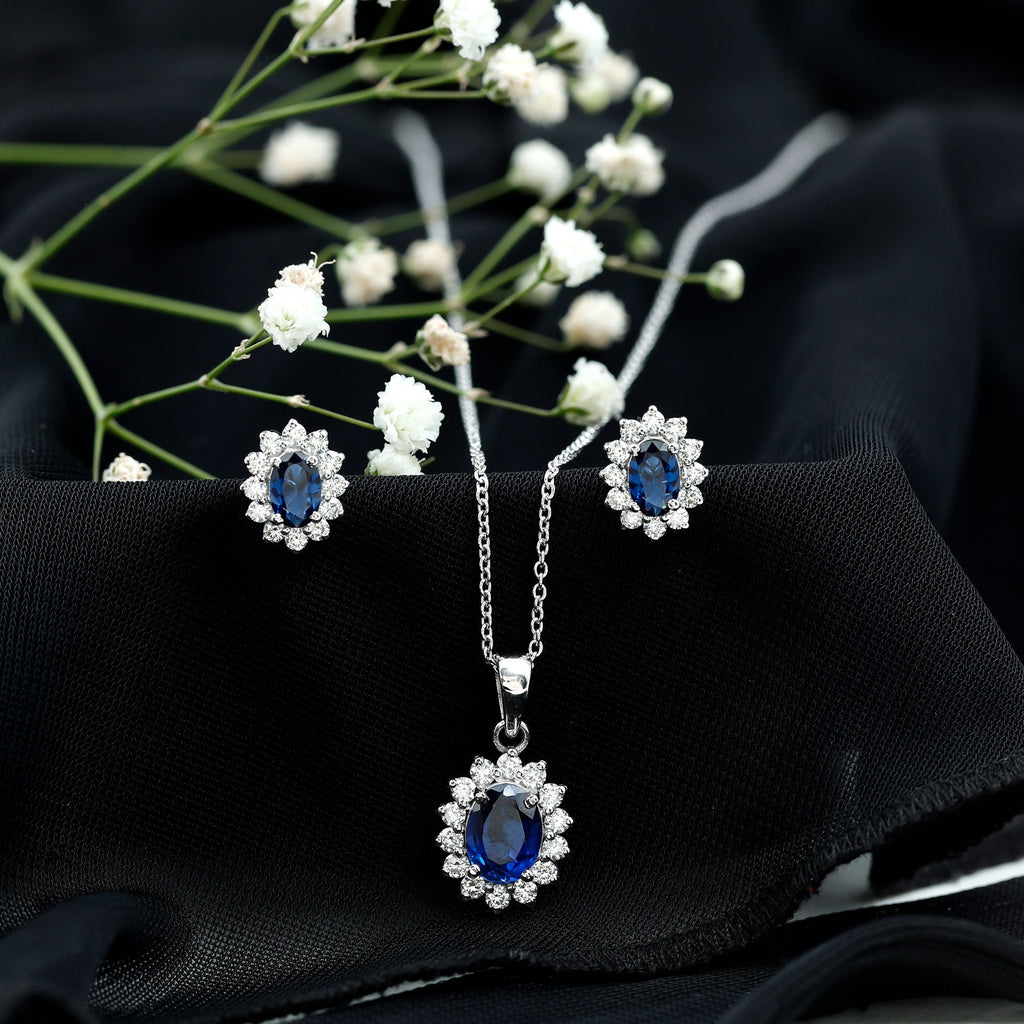 Princess Diana Inspired Lab Grown Blue Sapphire Necklace Earrings Set with Moissanite