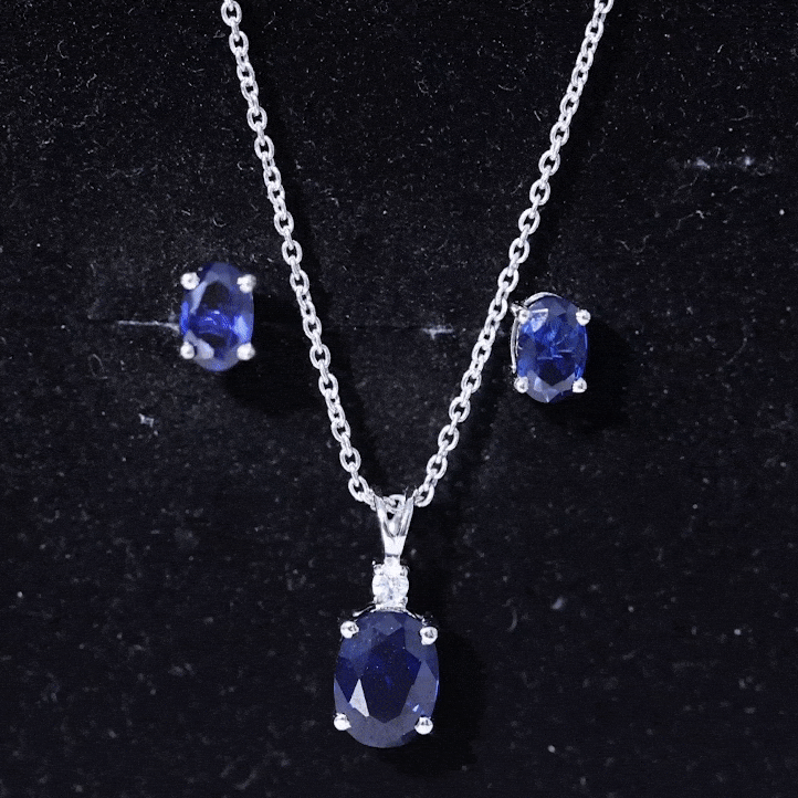 Oval Cut Lab Grown Blue Sapphire Bridal Necklace and Earrings Set