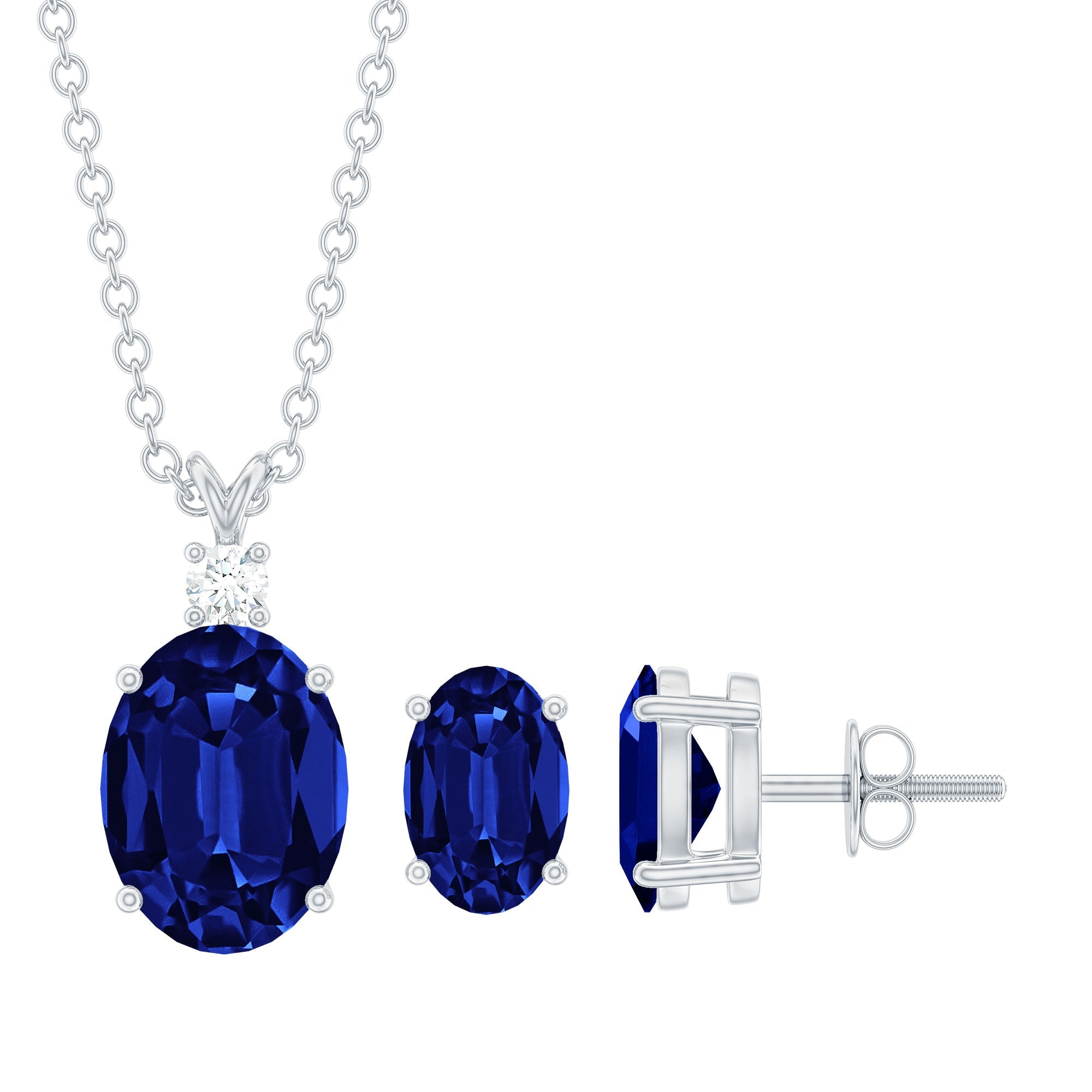 Oval Cut Lab Grown Blue Sapphire Bridal Necklace and Earrings Set