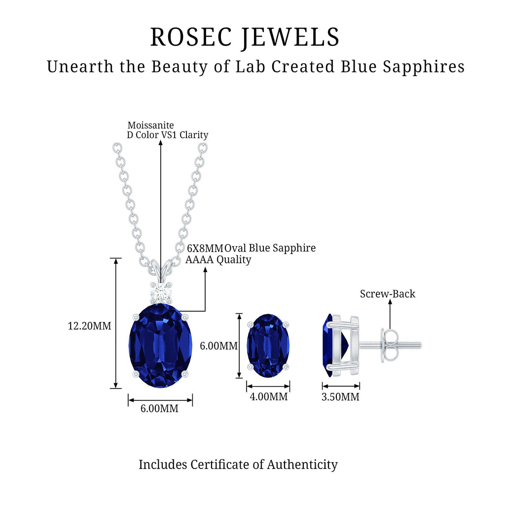 Oval Cut Lab Grown Blue Sapphire Bridal Necklace and Earrings Set